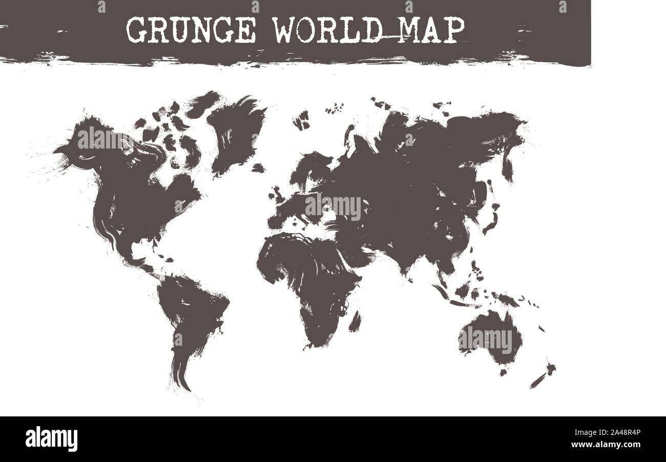 Grunge world map . Realistic black ink color painting design . White isolated background . Vector . Stock Vector