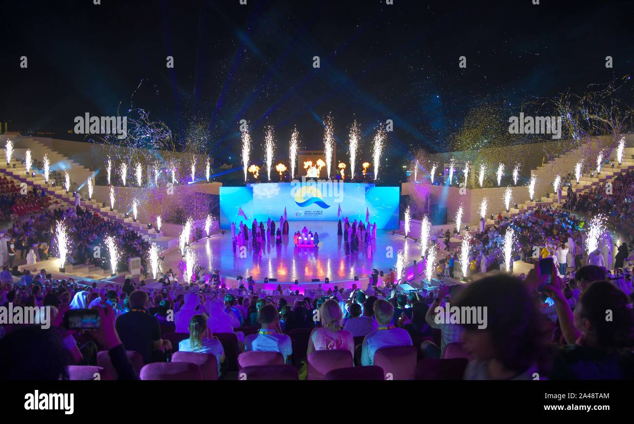 Doha, Qatar. 12th Oct, 2019. Artists perform during the Opening Ceremony of the 1st ANOC World Beach Games in Doha, Qatar, Oct. 12, 2019. Credit: Nikku/Xinhua/Alamy Live News Stock Photo