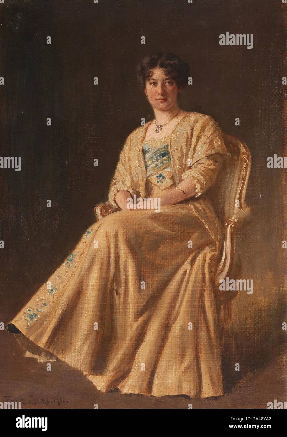 Fedor Encke - Porträt einer sitzenden Dame in gelbem Kleid 1911. Stock Photo