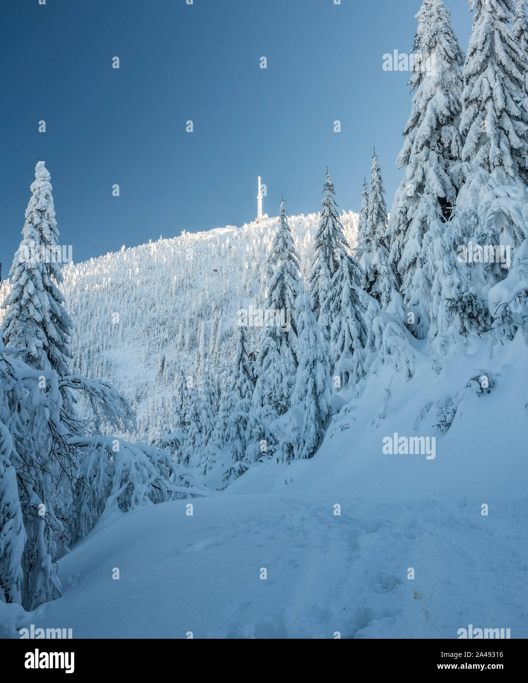frozen Lysa hora hill from hiking trail above Malenovicky kotel in  Moravskoslezske Beskydy mountains in Czech republic during freezing winter  day with Stock Photo - Alamy