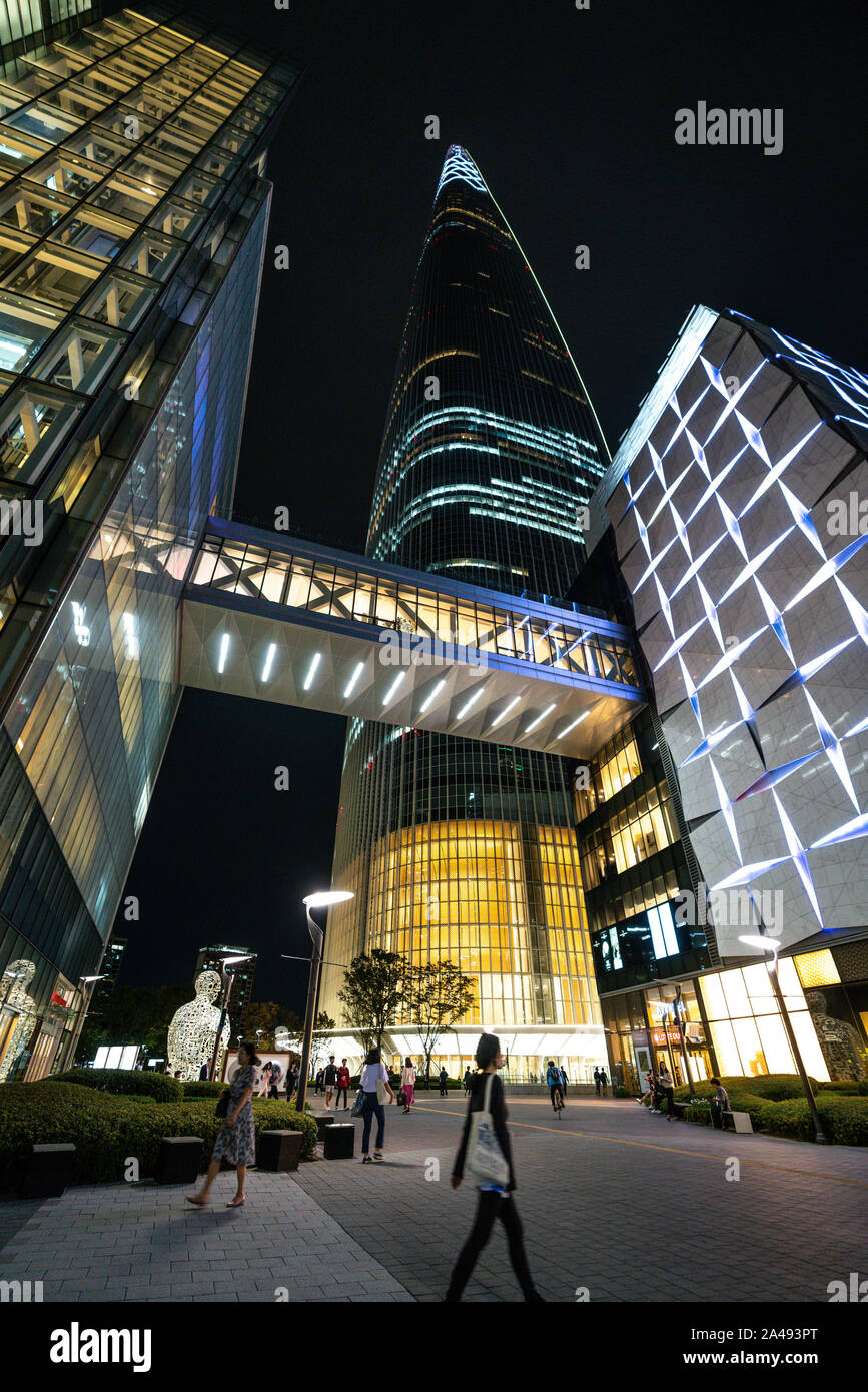 Seoul Korea , 20 September 2019 : Vertical full night view of the Lotte World tower a supertall skyscraper in Songpa Seoul South Korea Stock Photo