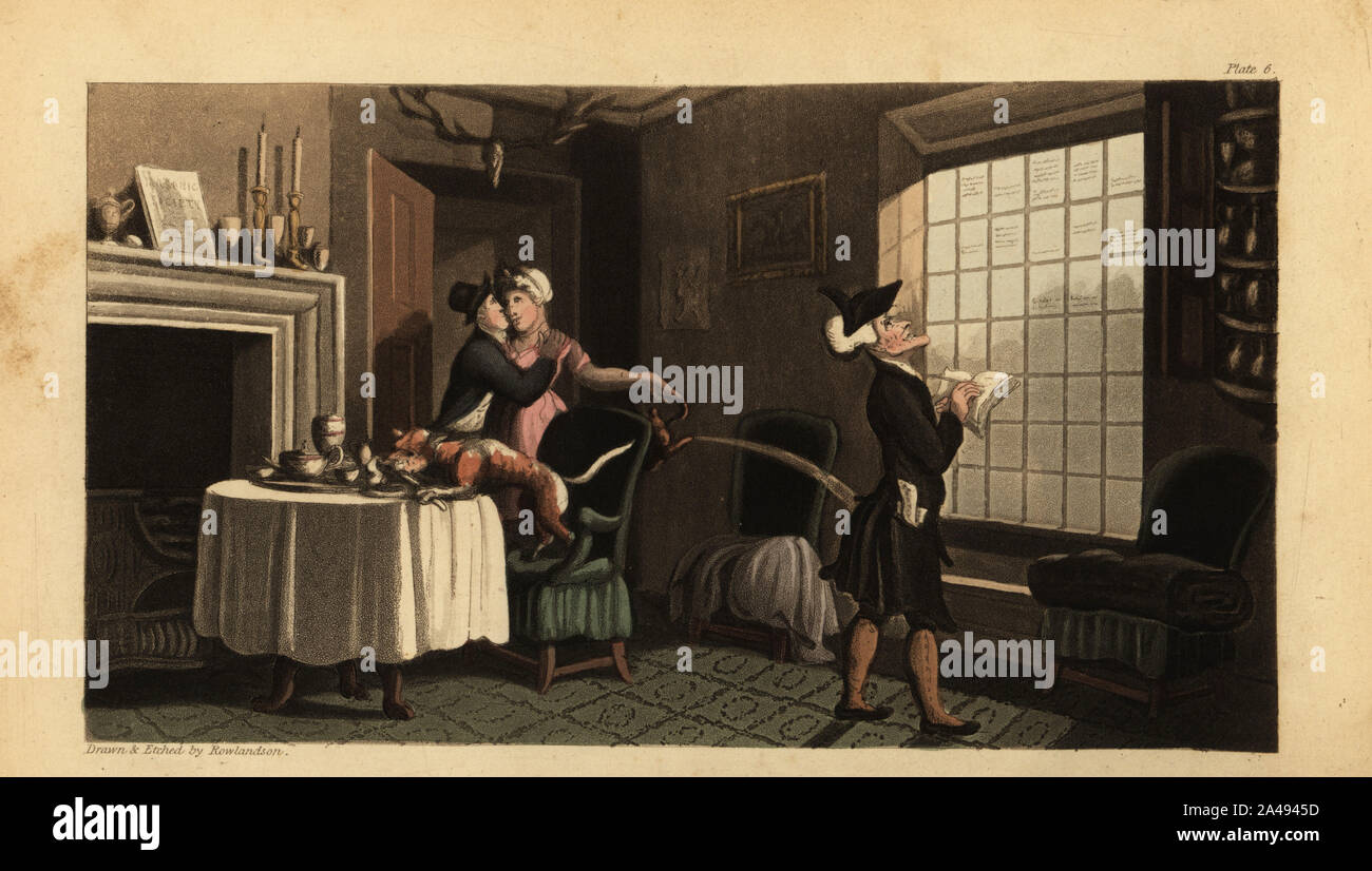 Regency gentleman copying graffiti from a window pane at an inn. A dog takes his breakfast, and a maid surprised by an amorous man pours hot water from a kettle onto his feet. Dr. Syntax copying the wit of the window. Handcoloured copperplate engraving drawn and engraved by Thomas Rowlandson from William Combe’s The Tour of Doctor Syntax in Search of the Picturesque, Rudolph Ackermann, London, 1813. Stock Photo