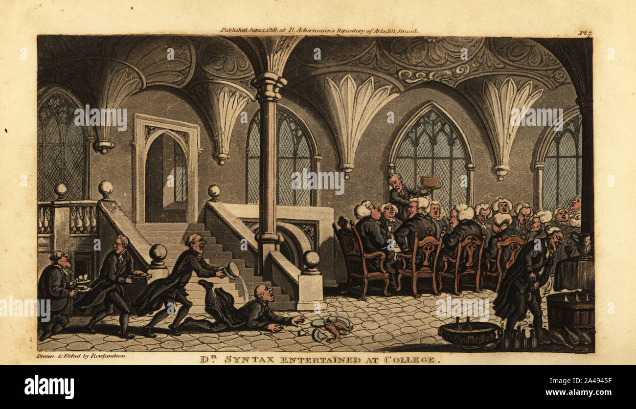 Regency gentlemen dining in an Oxford college hall. A servant opens a bottle of wine, and waiters trip and fall on the marble floor spilling fish and soup dishes. Dr. Syntax entertained at college.  Handcoloured copperplate engraving drawn and engraved by Thomas Rowlandson from William Combe’s The Tour of Doctor Syntax in Search of the Picturesque, Rudolph Ackermann, London, 1813. Stock Photo