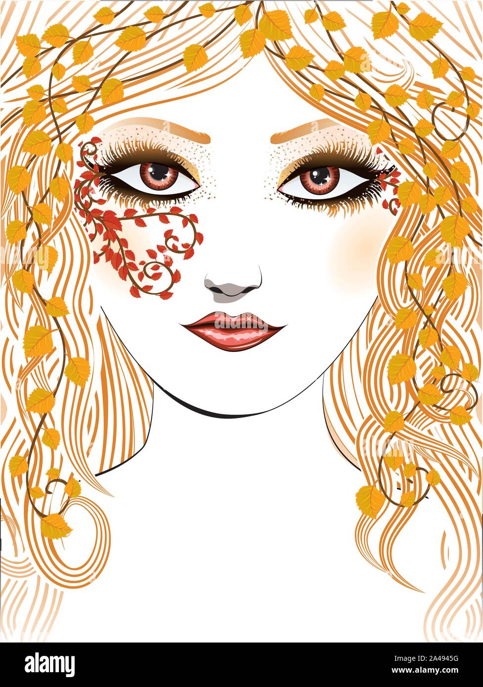 Beauty woman face with long hair and yellow autumn leaves Stock Vector ...