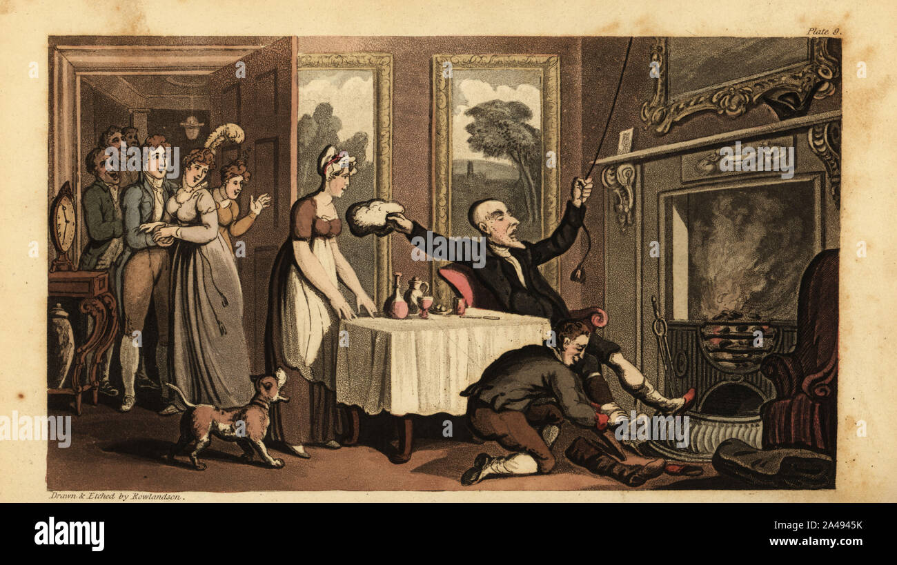 Regency gentleman without his wig resting before the hearth. A servant removes his gaiters, and others gather at the door to laugh. Dr. Syntax mistakes a gentleman’s house for an inn. Handcoloured copperplate engraving drawn and engraved by Thomas Rowlandson from William Combe’s The Tour of Doctor Syntax in Search of the Picturesque, Rudolph Ackermann, London, 1813. Stock Photo