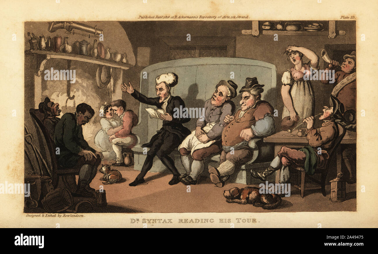 Regency gentleman reading aloud before the hearth in an inn. Customers at the Dun Cow include an exciseman, a sleeping cobbler, an amorous couple, a maid, a man with tobacco pipe, hunter with horn. Dr. Syntax reading his Tour. Handcoloured copperplate engraving drawn and engraved by Thomas Rowlandson from William Combe’s The Tour of Doctor Syntax in Search of the Picturesque, Rudolph Ackermann, London, 1813. Stock Photo