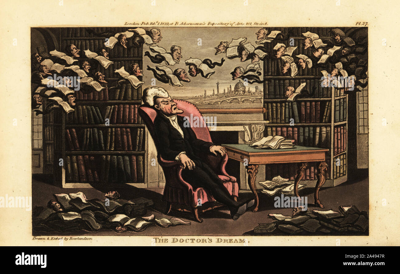 Regency gentleman dreaming of parsons with wings of book pages flying around a library. The doctor’s dream. Handcoloured copperplate engraving drawn and engraved by Thomas Rowlandson from William Combe’s The Tour of Doctor Syntax in Search of the Picturesque, Rudolph Ackermann, London, 1813. Stock Photo