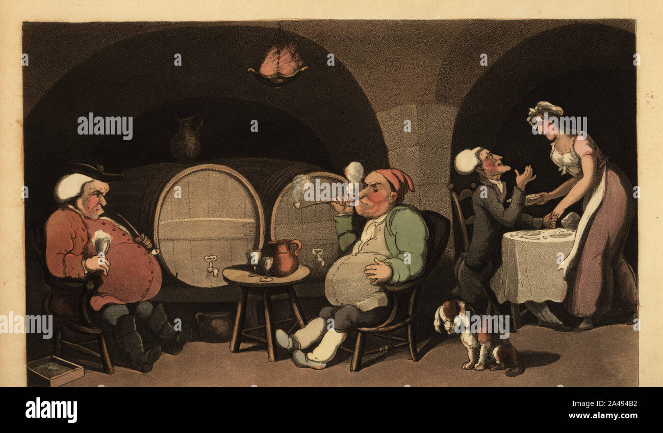 Regency lord, lawyer, parson and maid drinking, eating and smoking pipes in a wine cellar, Tulip Hall. The cellar quartetto. Handcoloured copperplate engraving drawn and engraved by Thomas Rowlandson from William Combe’s The Tour of Doctor Syntax in Search of a Wife, Rudolph Ackermann, London, 1821. Stock Photo
