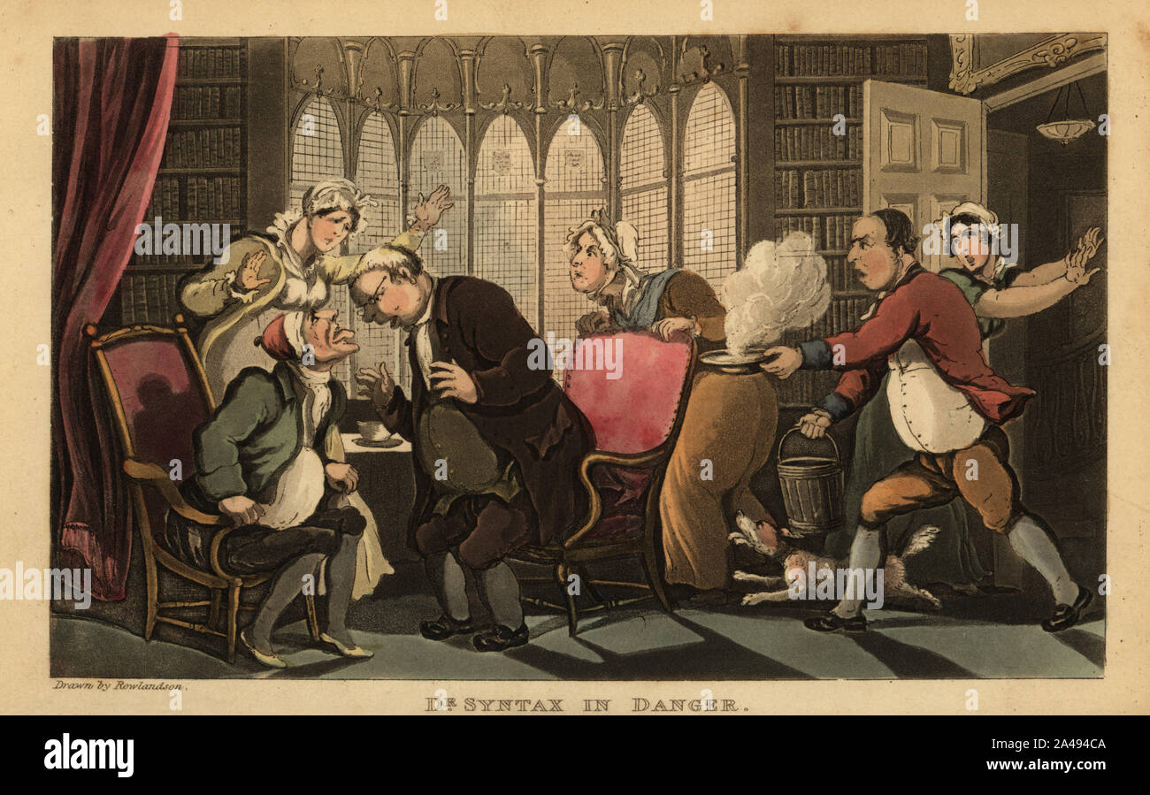 A sick Regency gentleman showing his tongue to a doctor. His wife ...