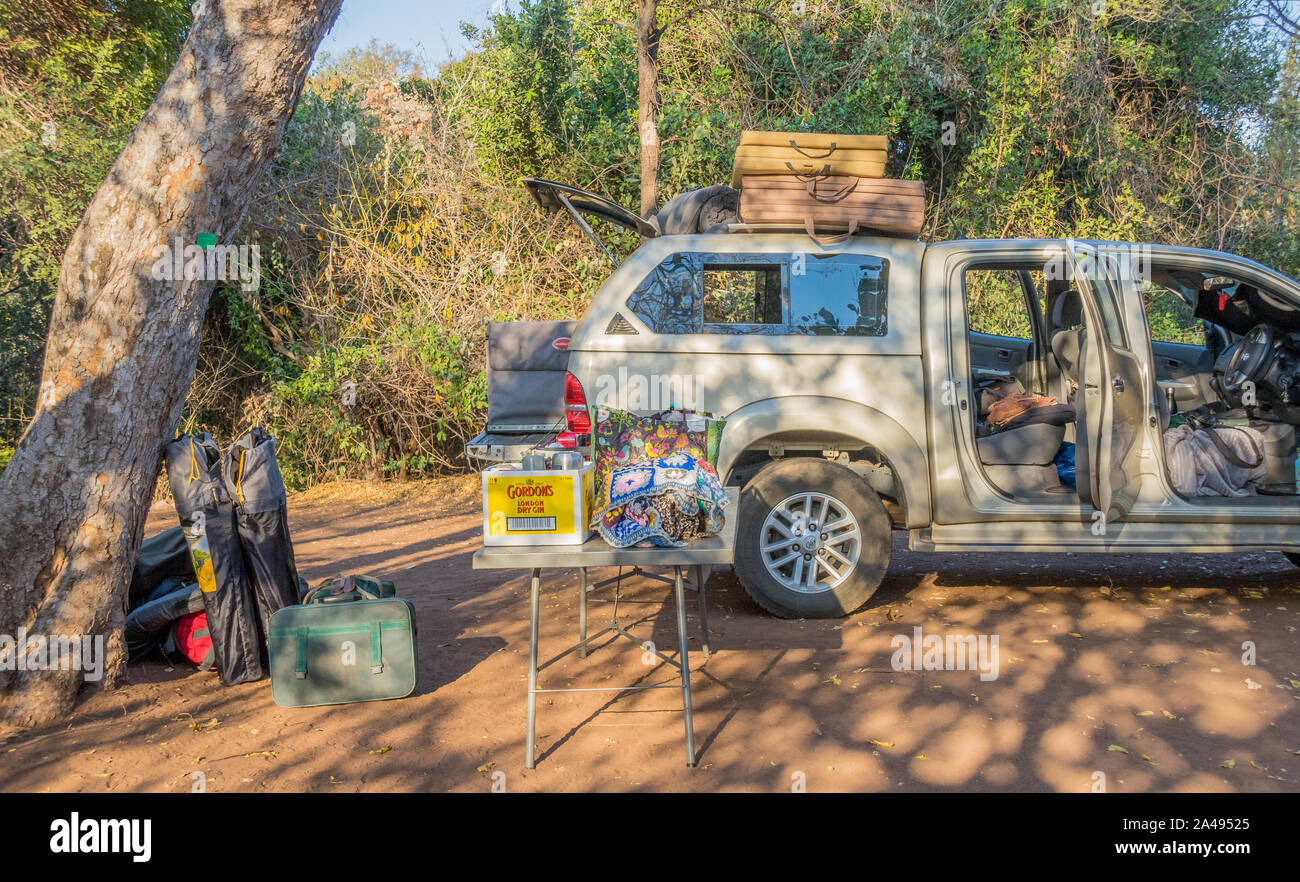Pafuri, South Africa a vehicle loaded with outdoor and camping gear at a picnic spot under the