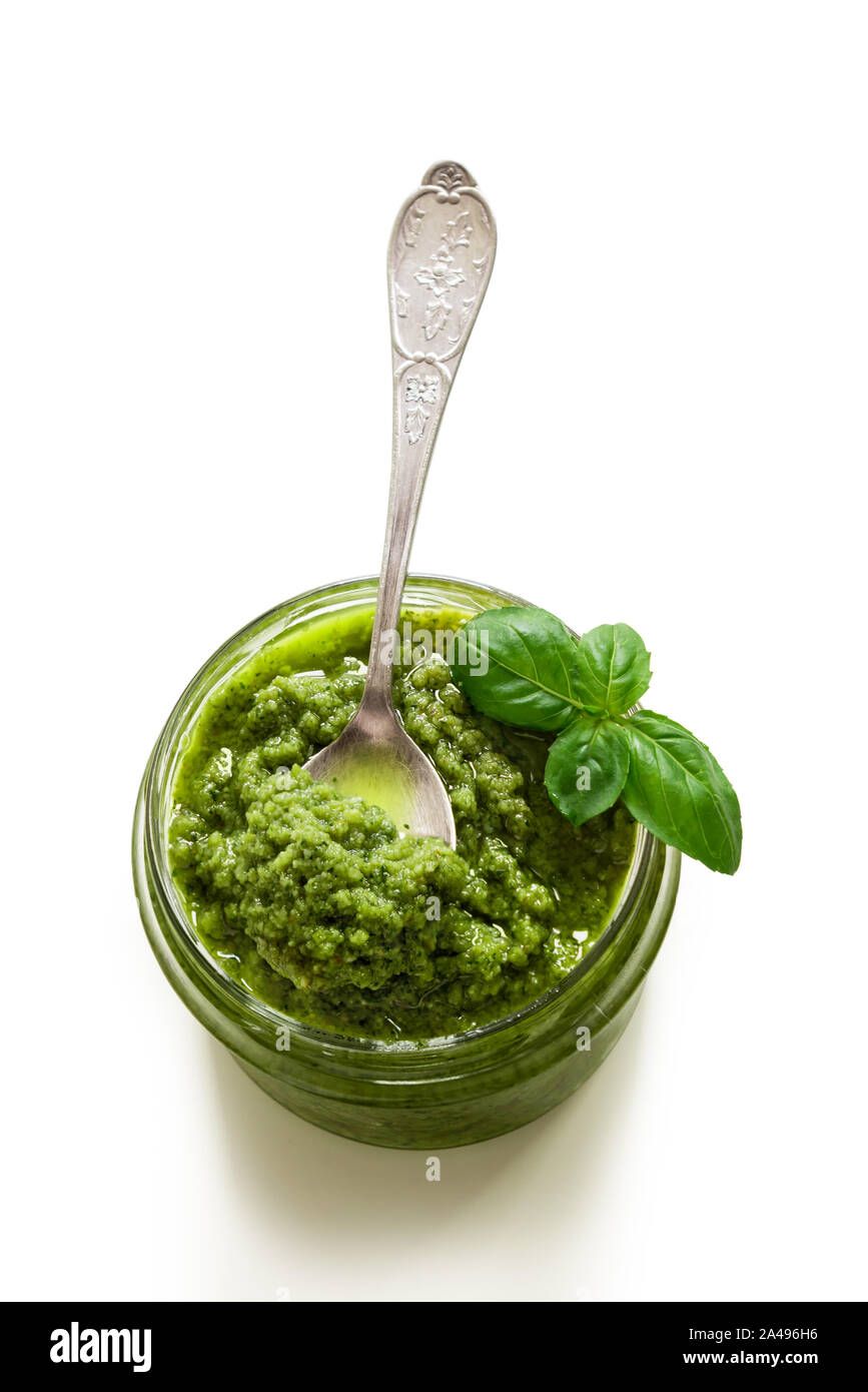 Glass jar of basil pesto Stock Photo Alamy