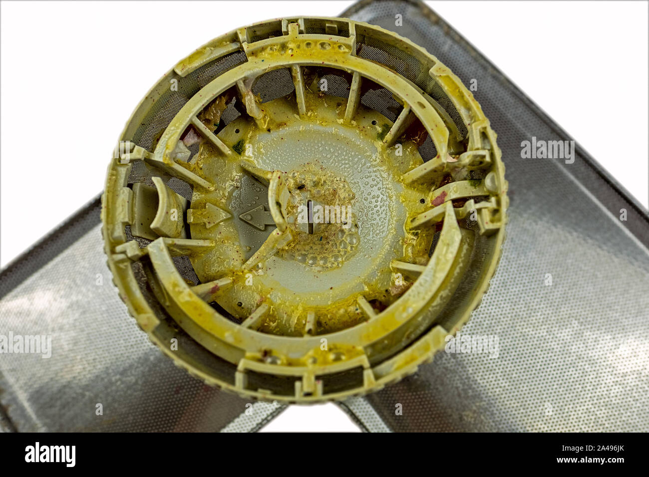 how it should not look like, dirty greasy sieve in the dishwasher Stock