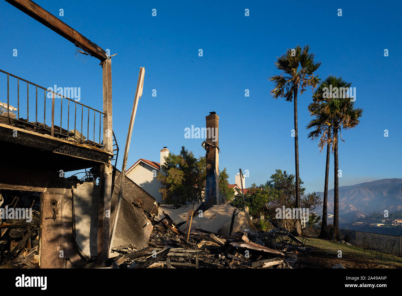 Los Angeles, USA. 12th Oct, 2019. Burnt houses are seen following a ...
