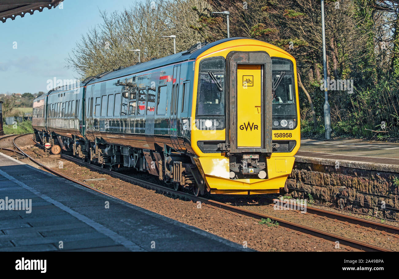 A Great Western Railway train arrives at St Erth Station in Cornwall Station Stock Photo