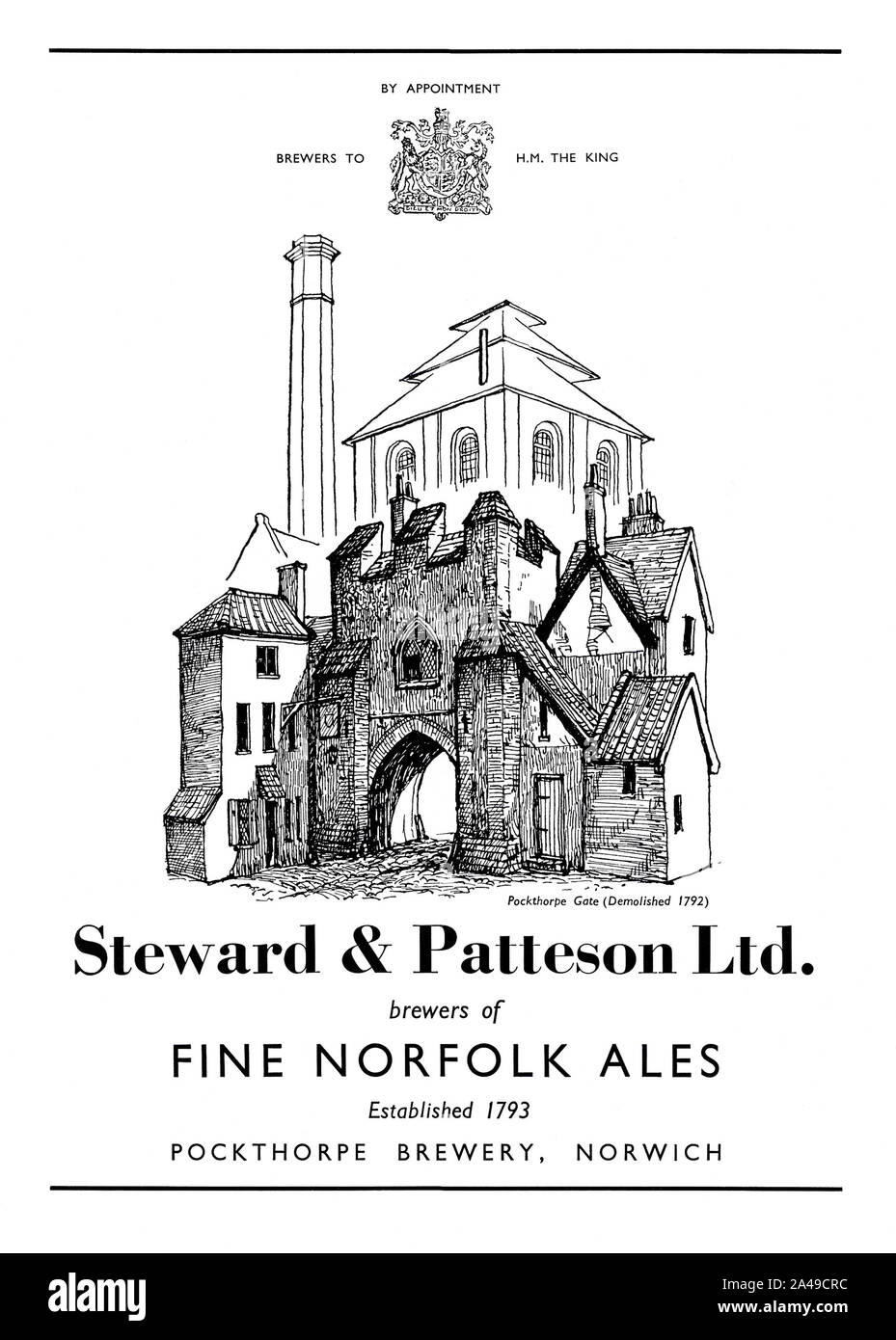Advert for Steward and Patteson beers, 1951. The illustration shows the Pockthorpe Brewery in Norwich. The S&P company was founded in 1793. The company flourished well into the 20th Century. In 1961, it was described as one of the largest non-metropolitan breweries in the country. In 1961, along with Bullards, S&P bought the Morgans’ brewery. As part of the deal Watney’s undertook to supply the Bullards’ and Steward & Patteson tied houses with keg beers like ‘Red Barrel’. in 1967 Watney’s completed the purchase of the company. In 1970 the last brew was made at the Pockthorpe Brewery. Stock Photo