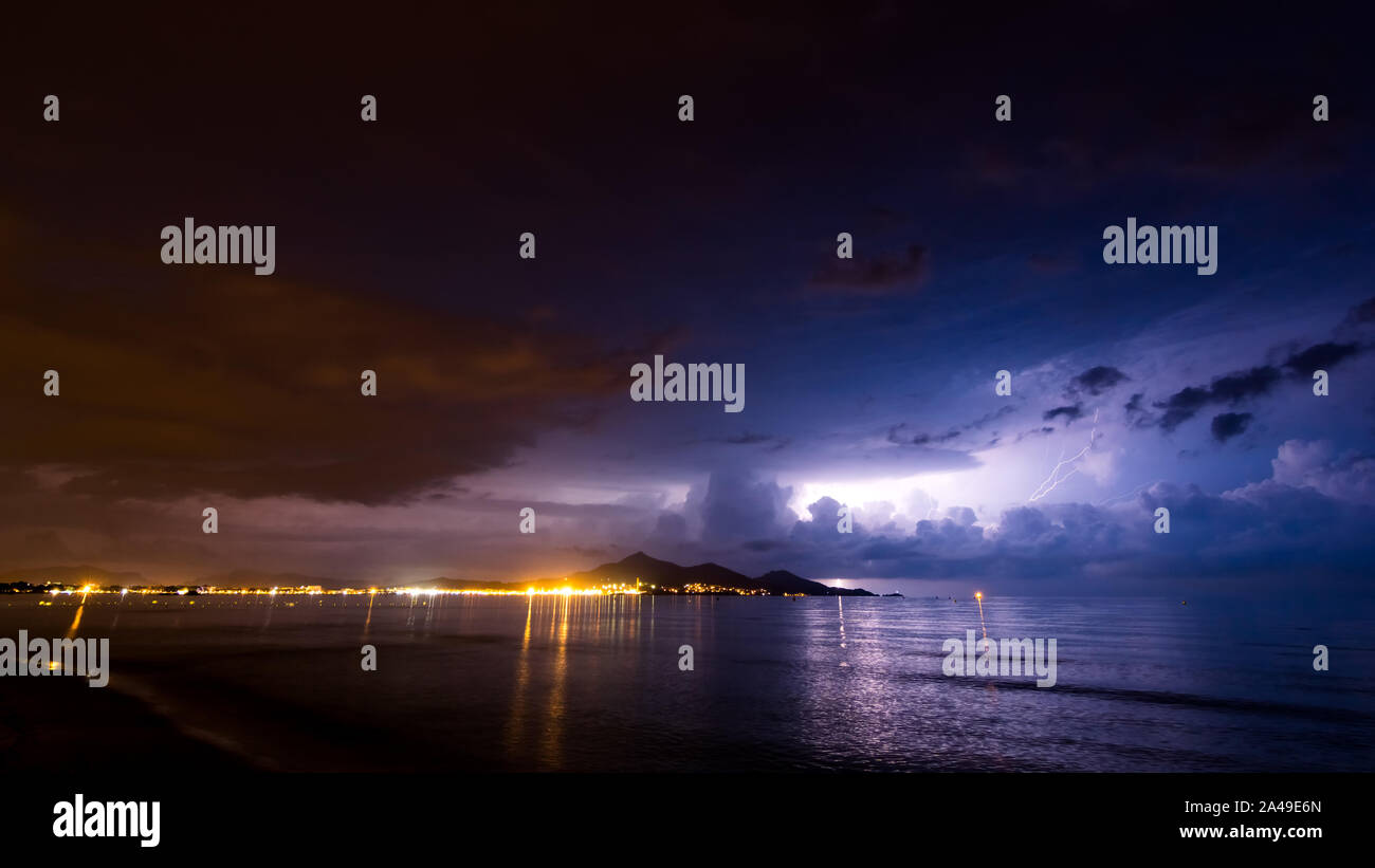 Lightning Storm over bay of Alcudia Mallorca Stock Photo