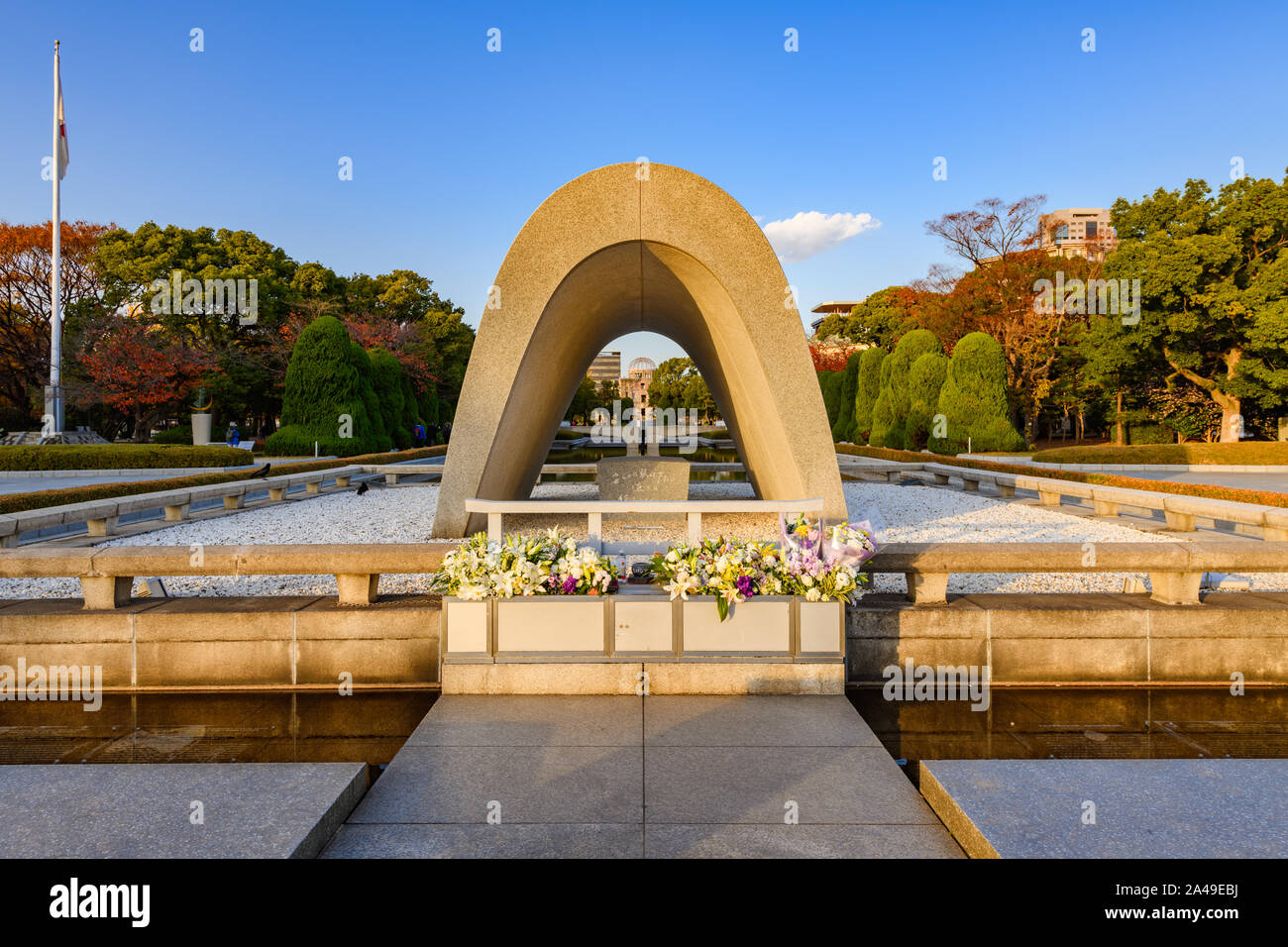 Hiroshima, Japan - 29 November 2018: Hiroshima, Japan peace memorial cenotaph monument in remembrance of victims from deadly Atomic Bomb Dome in World Stock Photo