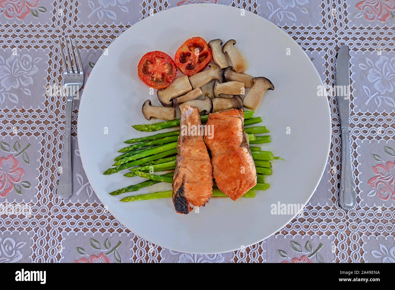 Grilled salmon with asparagus. Healthy lunch Stock Photo