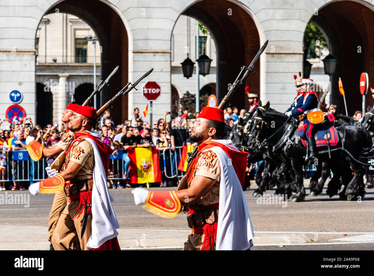 Madrid, Spain - October 12, 2019: Spanish Army marching during Spanish National Day Army Parade, Regulares Stock Photo