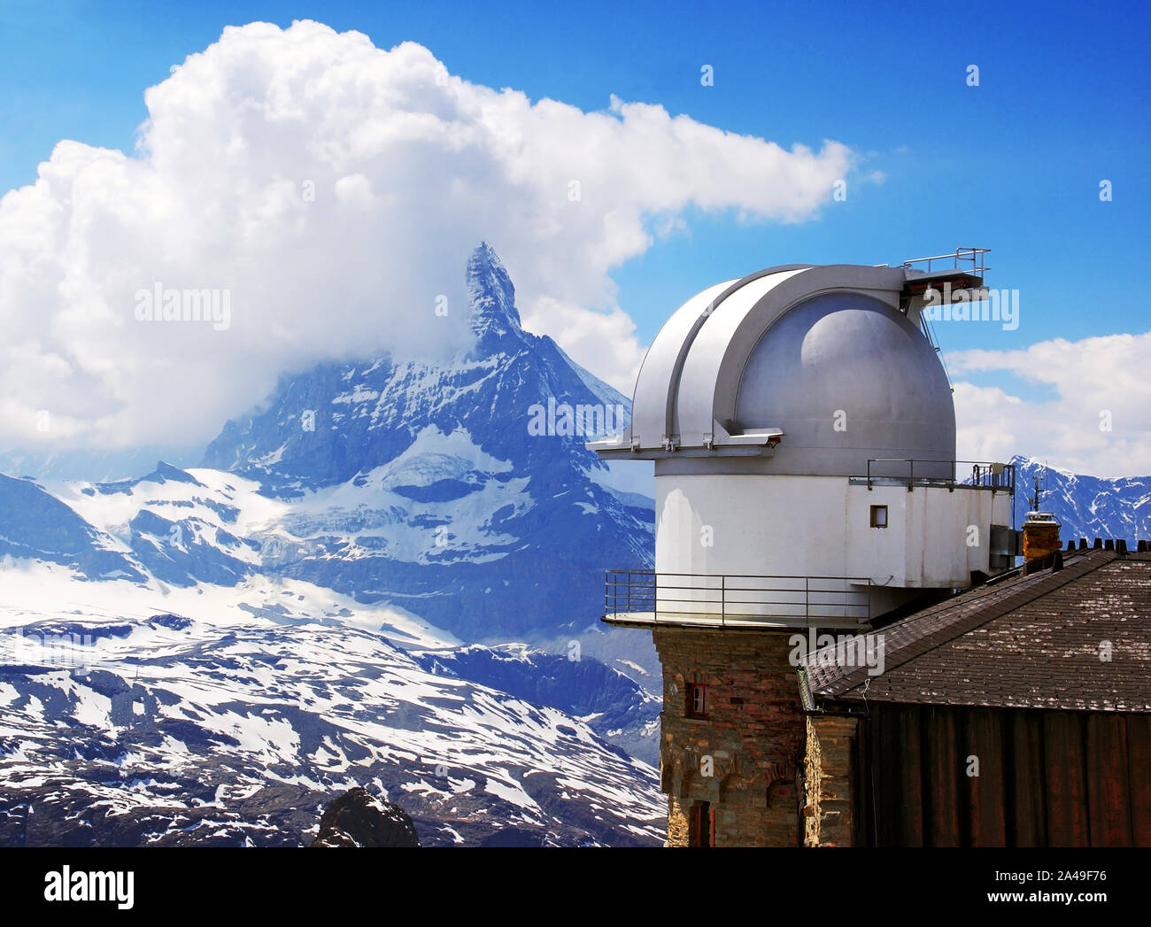 Observatory dome facing the Matterhorn . Stock Photo