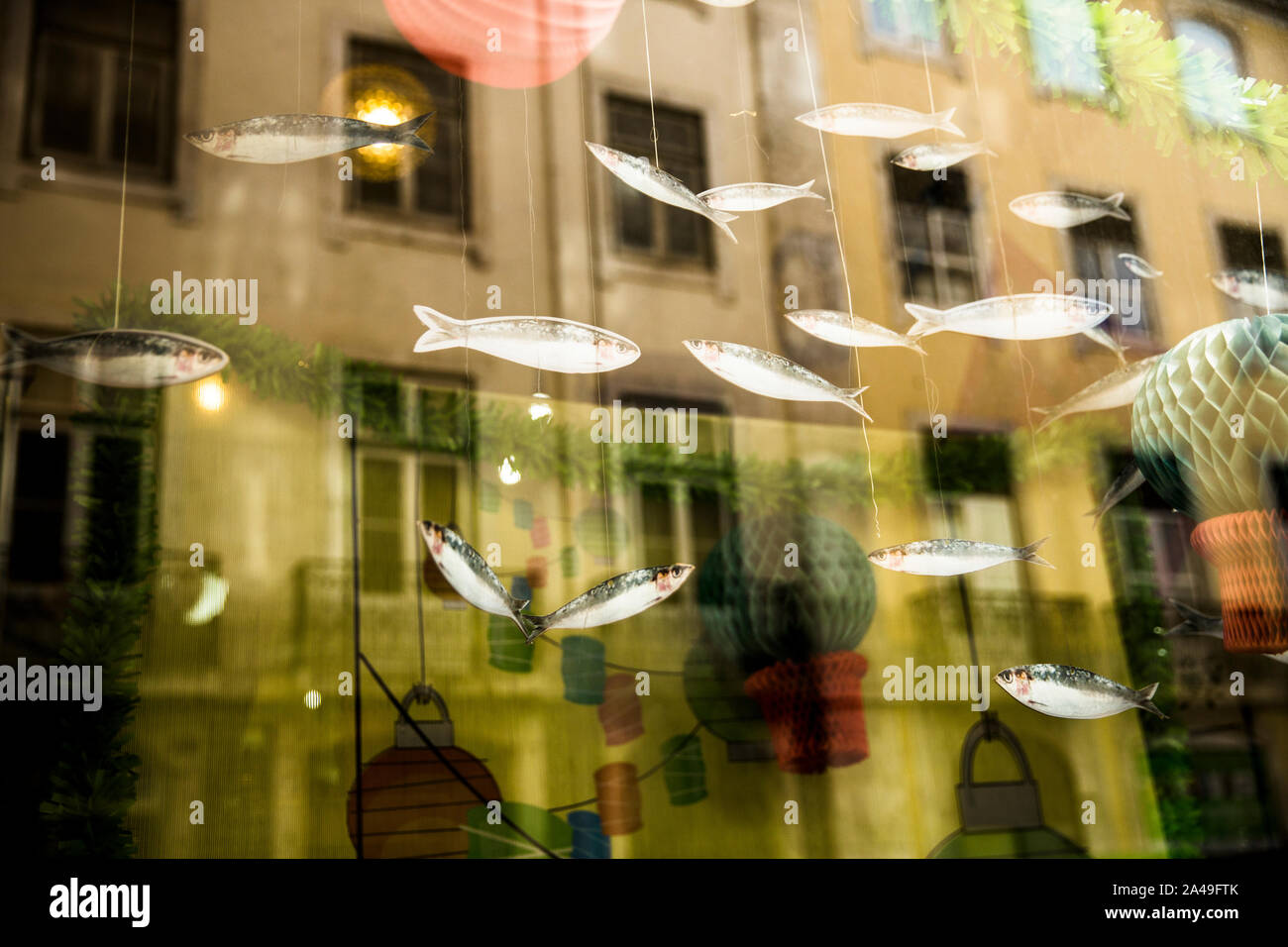 Sardines decoration on a shop's window at downtown Lisbon. Portugal Stock Photo