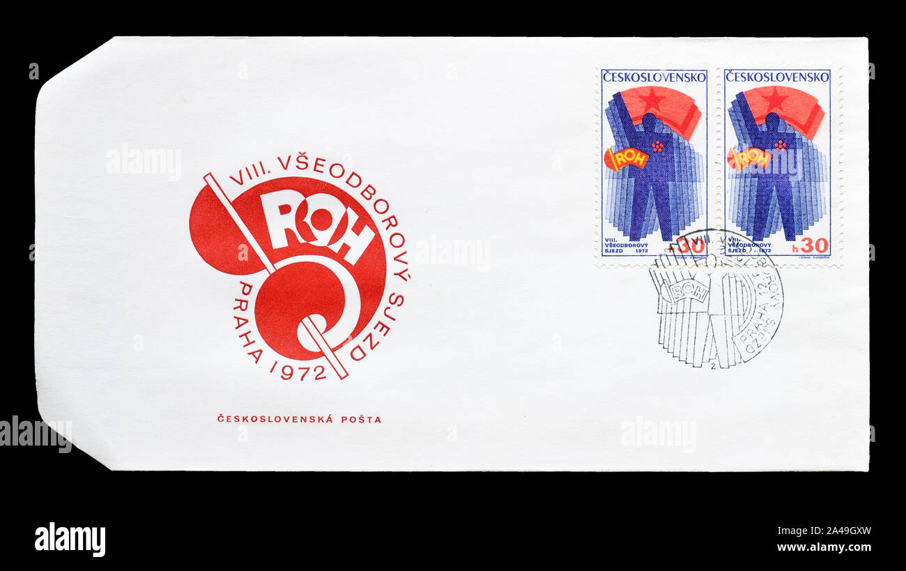 Cancelled postage stamp printed by Czechoslovakia, that promotes 8th Trade Union Congress, circa 1972. Stock Photo