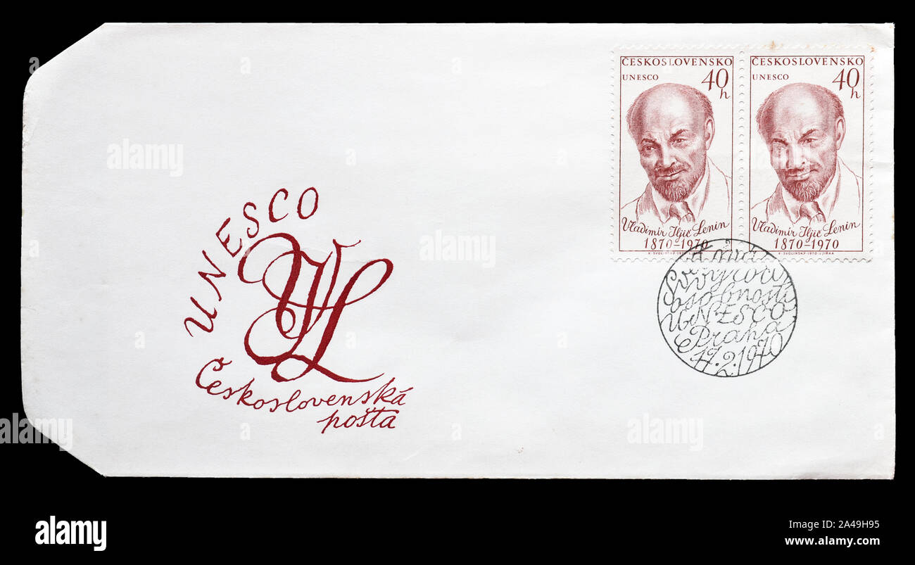 Cancelled postage stamp printed by Czechoslovakia, that shows portrait of Vladimir Ilyich Lenin, circa 1972. Stock Photo