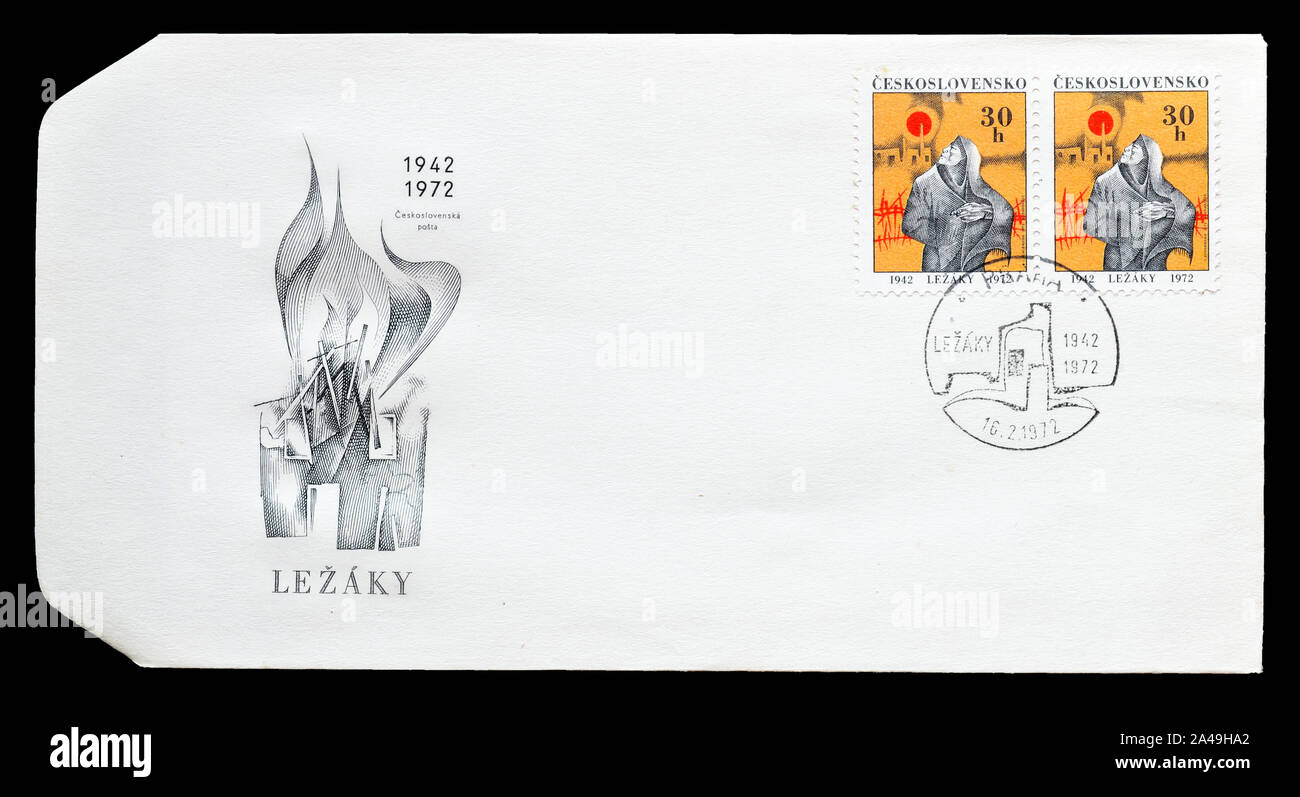 Cancelled postage stamp printed by Czechoslovakia, that shows Destruction of Lezaky, circa 1972. Stock Photo