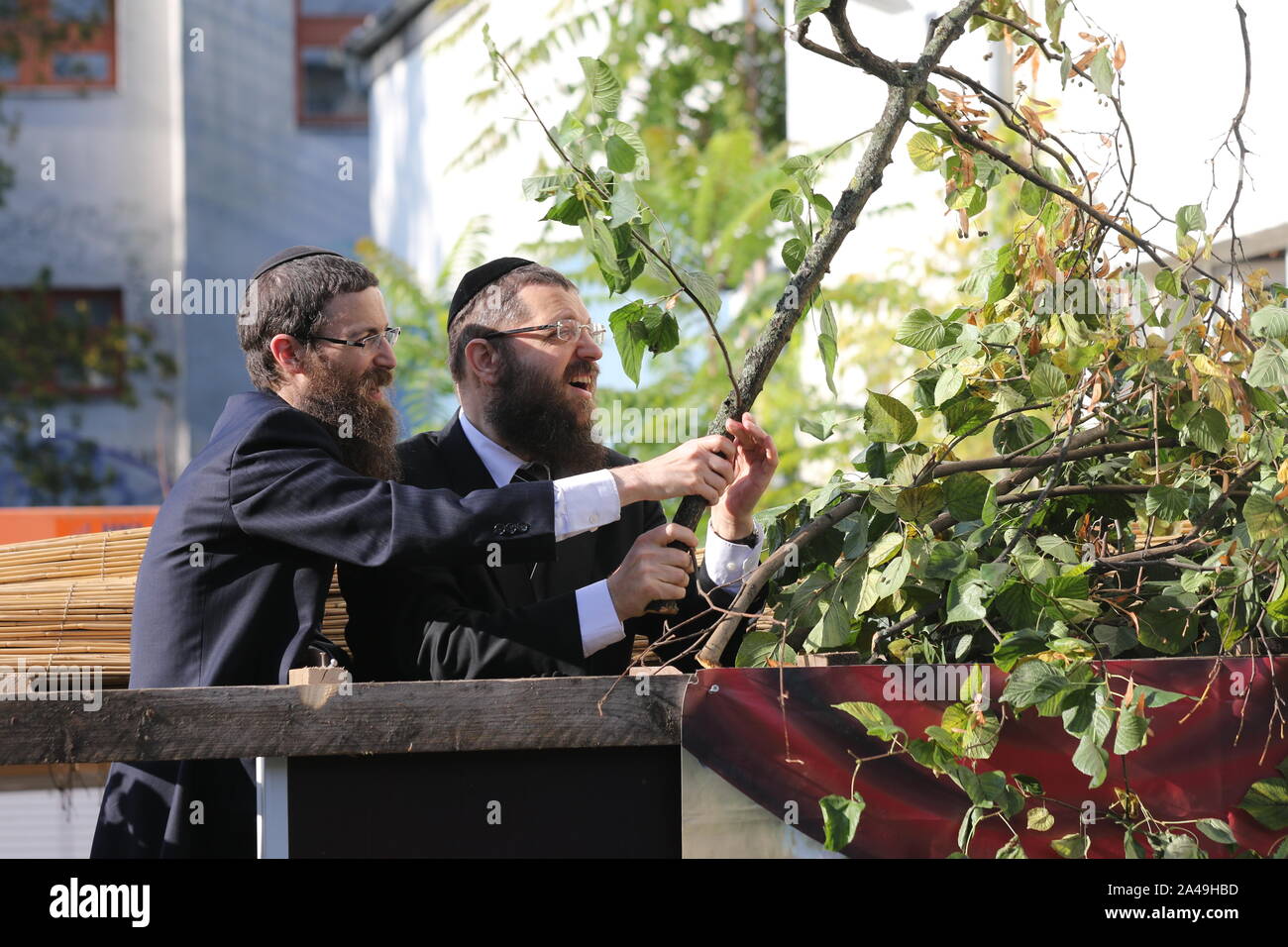 Germany, Berlin, 13.10.2019, Samuel Segal and Yehuda Teichtal at the inauguration of the Sukka. On Sunday, October 13, 2019, begins Sukkot, the Jewish Feast of Tabernacles. The seven-day festival is on the grounds of the Jewish Education Center Berlin. For the duration of the Sukkot holidays, all meals are taken together in the sukkah (tabernacle). Stock Photo