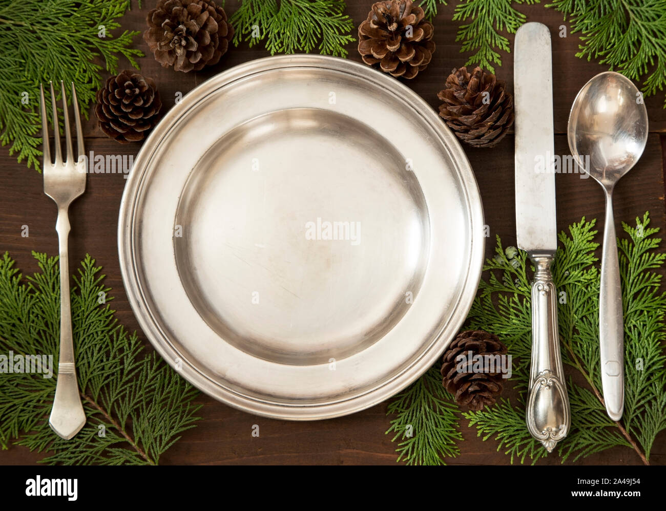 Holiday table setting from above Stock Photo