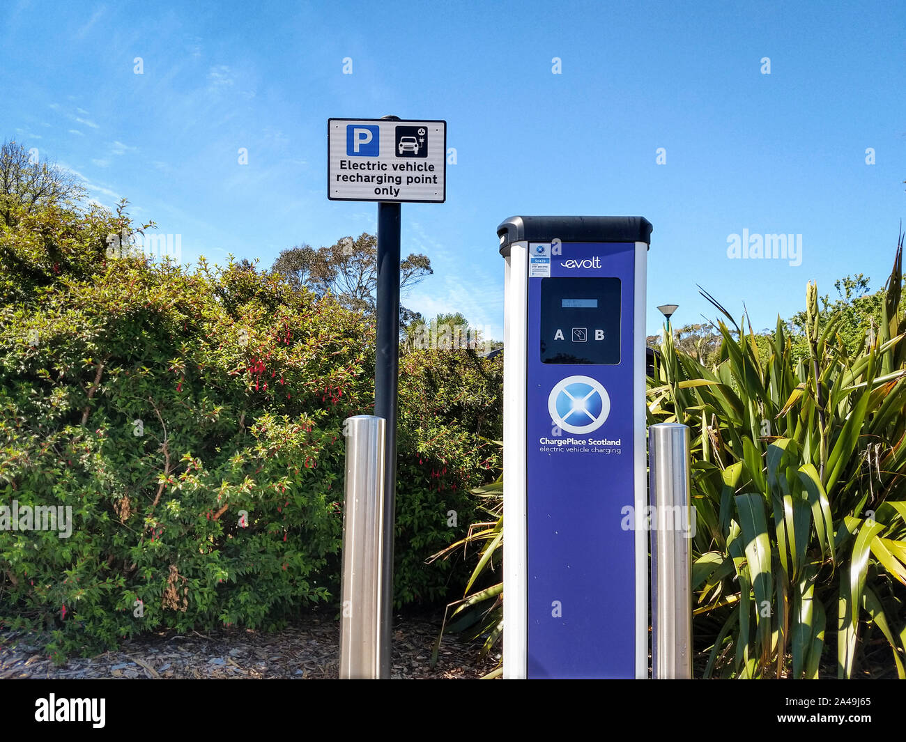 22 May, 2019, Galloway, Scotland.  Electric vehicle recharging point. Stock Photo