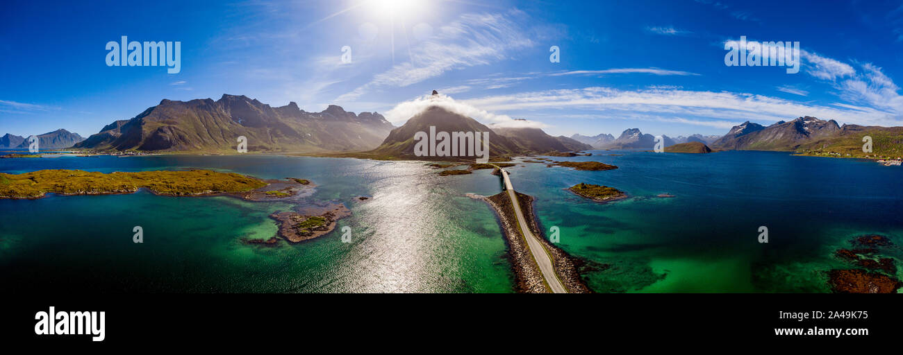 Fredvang Bridges Panorama. Lofoten islands is an archipelago in the county of Nordland, Norway. Is known for a distinctive scenery with dramatic mount Stock Photo