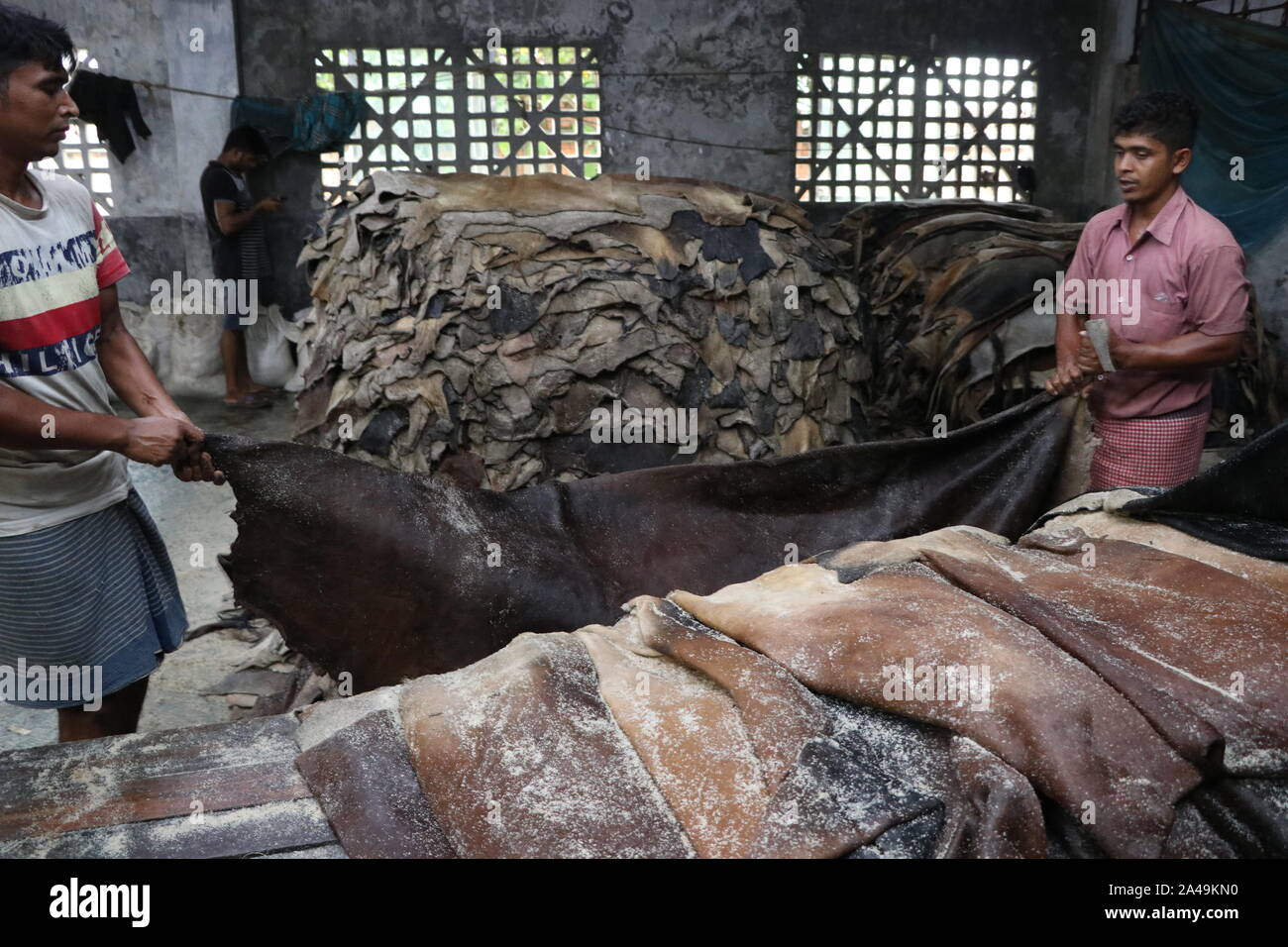 saver tannery workers 22 Aug 2019 Dhaka,Bangladesh Bangladeshi tannery workers process  raw leather inside a factory at the Saver tannery area in Dhak Stock Photo