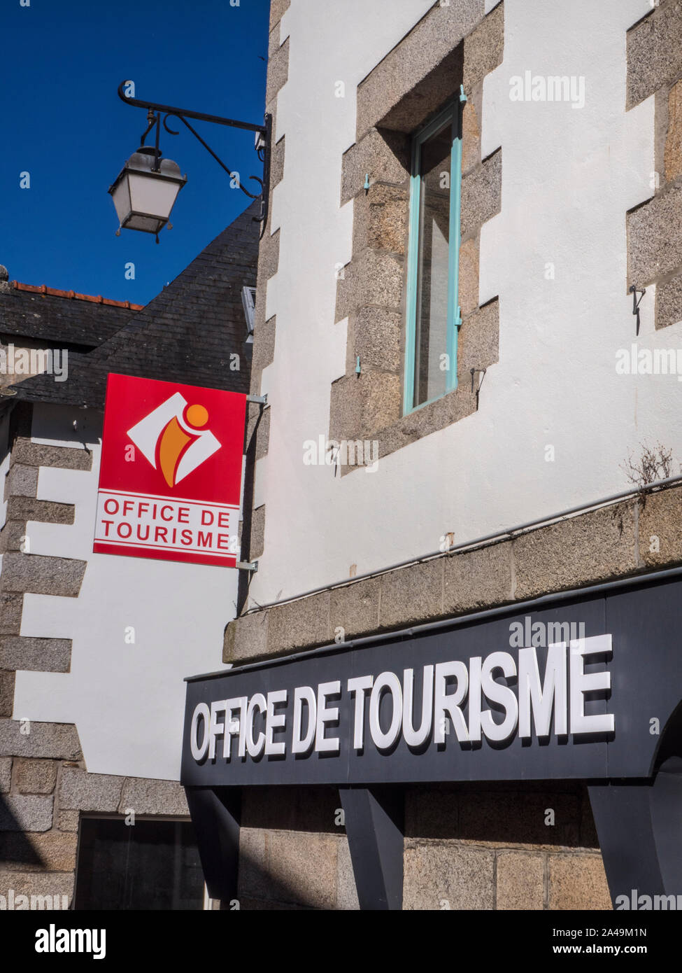 French Tourist Office (Office de Tourisme) exterior in Pont-Aven with latest branding logo Pont-Aven Brittany Finistere France Stock Photo