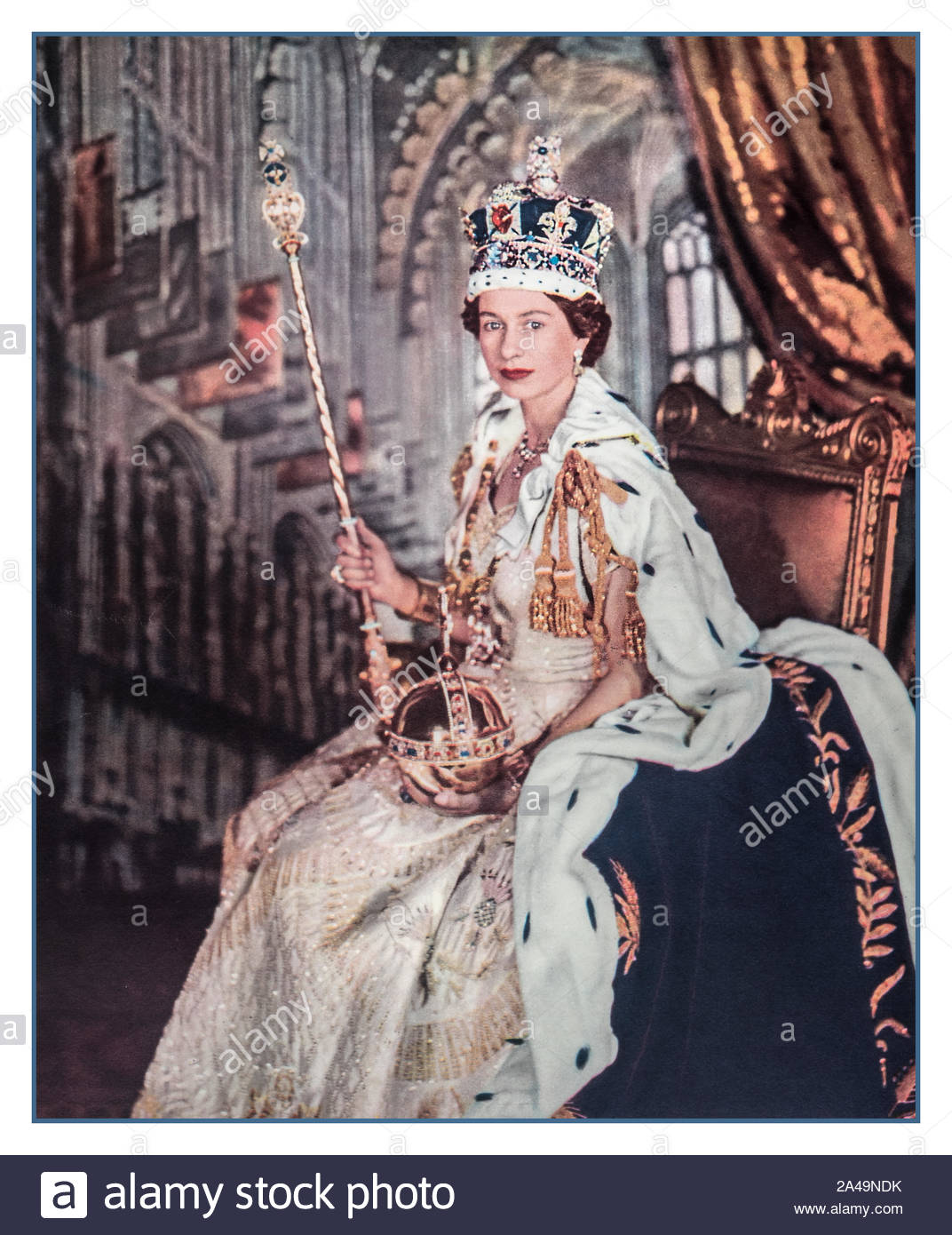 Coronation Queen Elizabeth Ii Coronation Portrait In Colour Shows Her Majesty In Coronation Robes With Crown Jewels Holding The Orb And Sceptre And Wearing The Imperial State Crown Of George Iv The