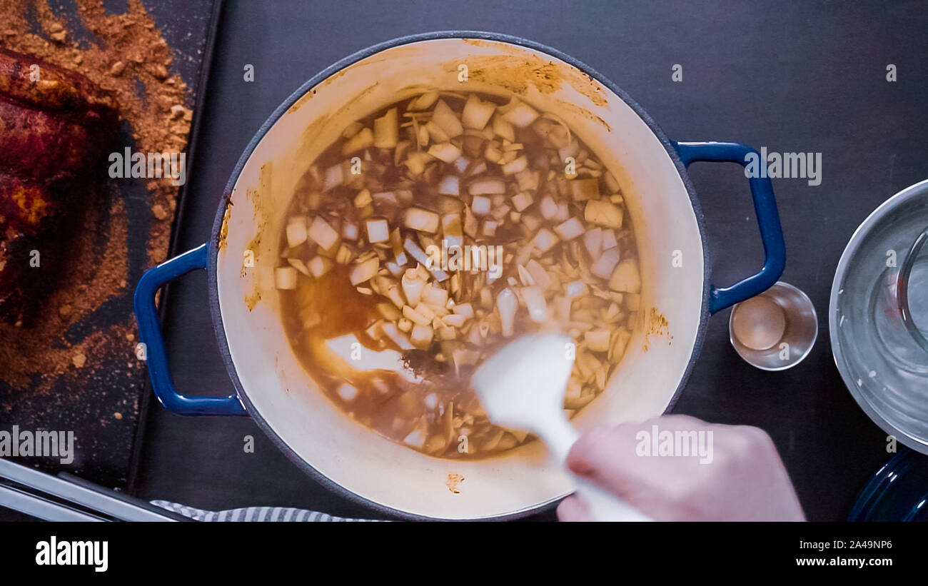 Flat lay. Step by step. Cooking boneless pork roast in cast iron dutch