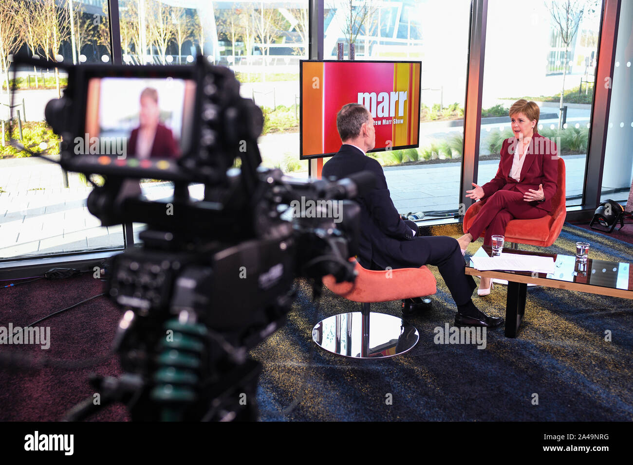 Presenter Andrew Marr and First Minister of Scotland Nicola Sturgeon, during the Andrew Marr show. Nicola Sturgeon has told Jeremy Corbyn 'don't even bother picking up the phone' to ask the SNP to support a Labour government unless he backs an independence vote. PA Photo. Picture date: Sunday October 13, 2019. Scotland's First Minister was asked if she would consider a coalition with Labour in the event of a general election that saw it emerge as the largest party, but without an overall majority. The SNP leader said she would favour a 'progressive type of alliance' if the Tories were ousted f Stock Photo