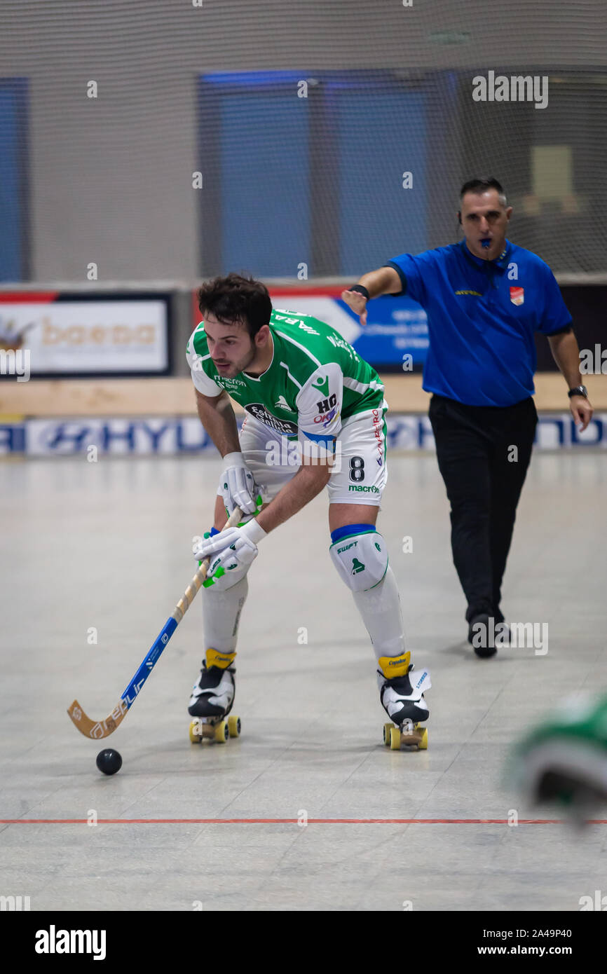 David Torres Pastoriza roller hockey player of Deportivo Liceo in action at Spanish OK League match between CP Calafell and Deportivo Liceo Stock Photo