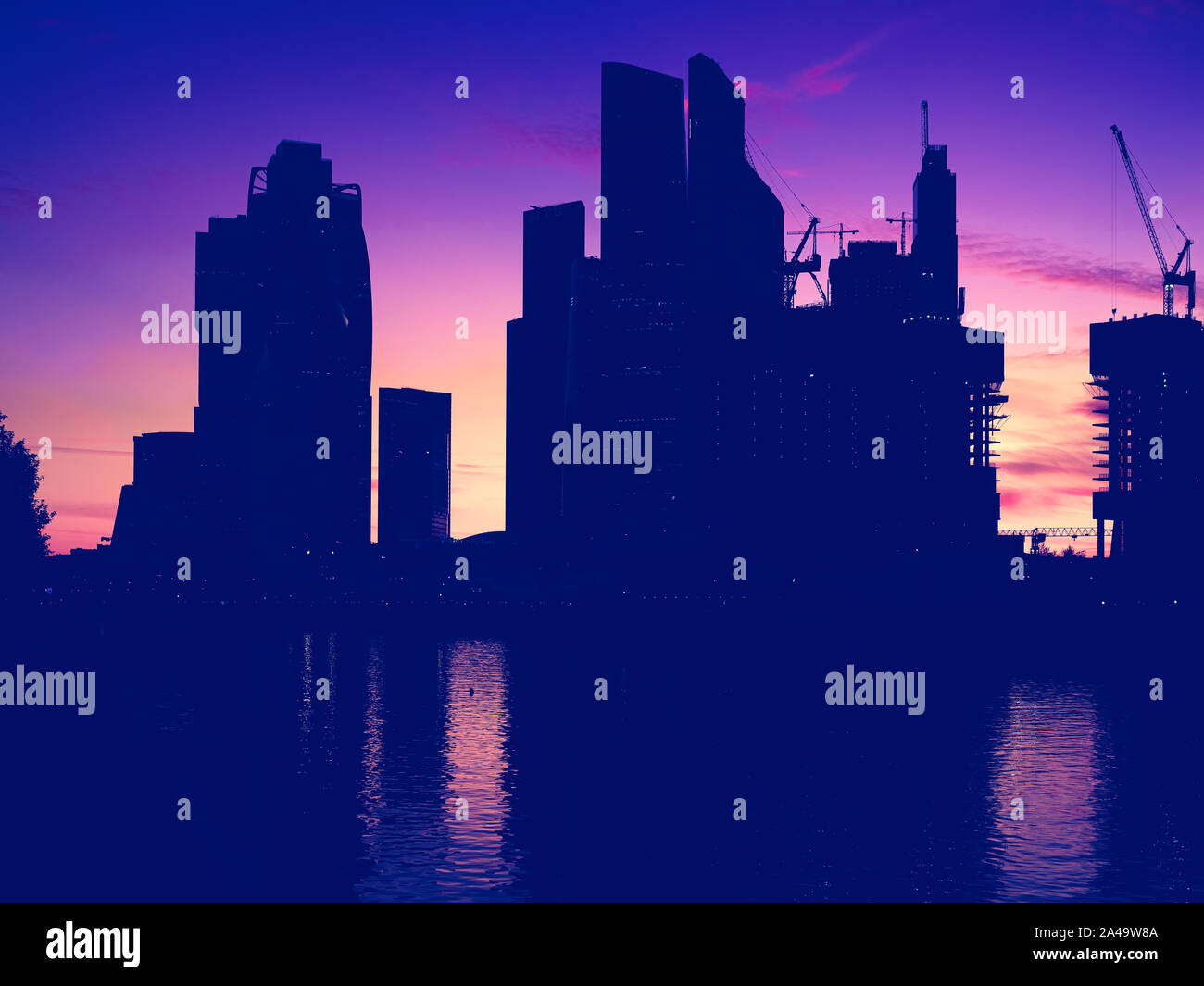 Silhouette of Skyscrapers International Business Center City on sunset in Moscow Russia Stock Photo