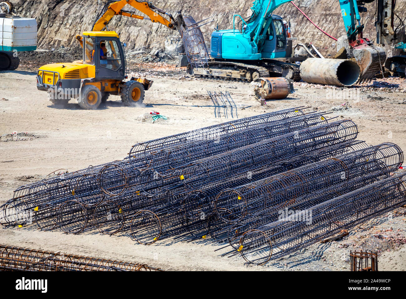 Rebar for concrete pillar of new building. Circular column reinforcement, round mesh