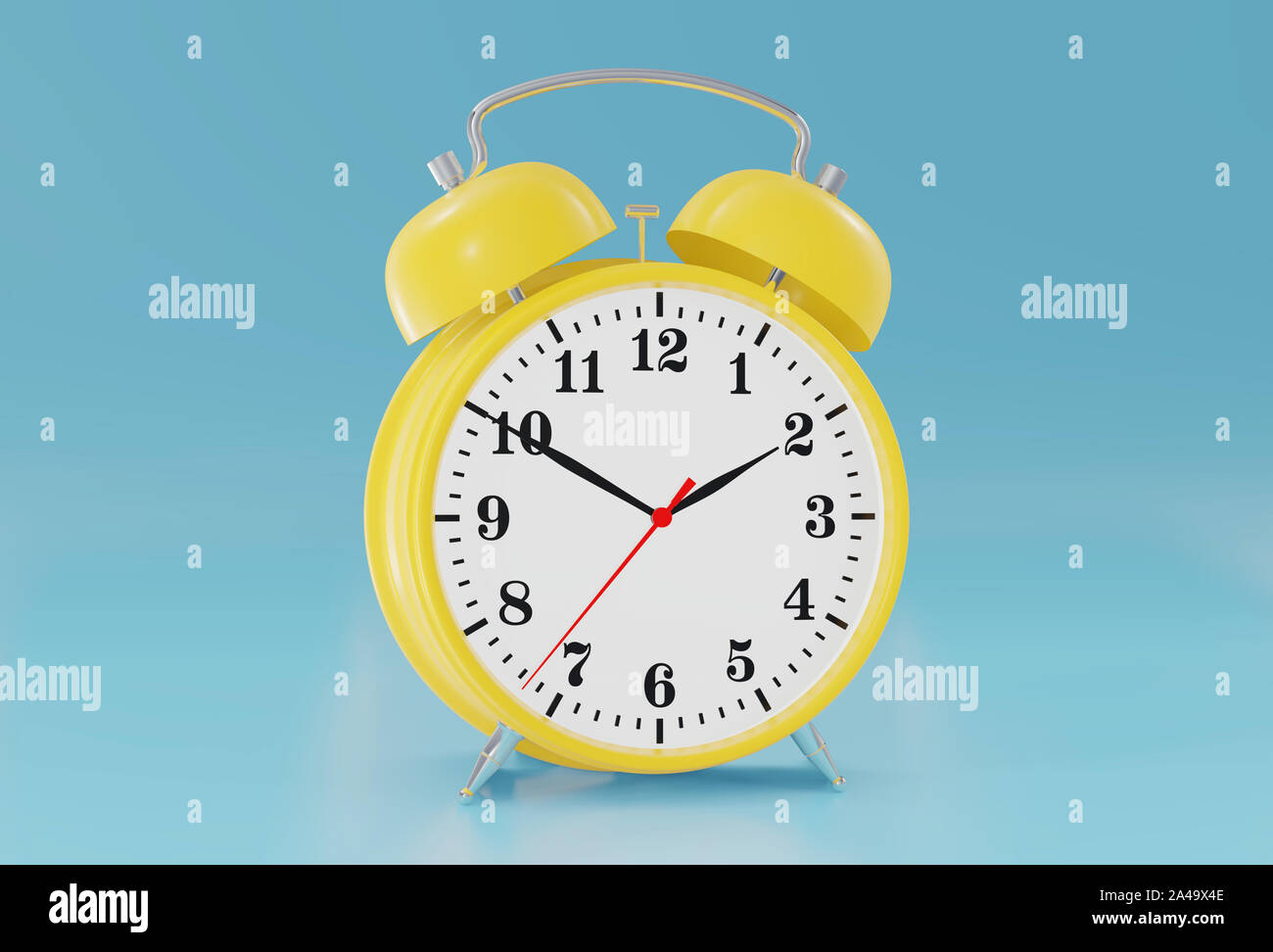 Yellow vintage alarm clock on tone color blue background. 3d rendering