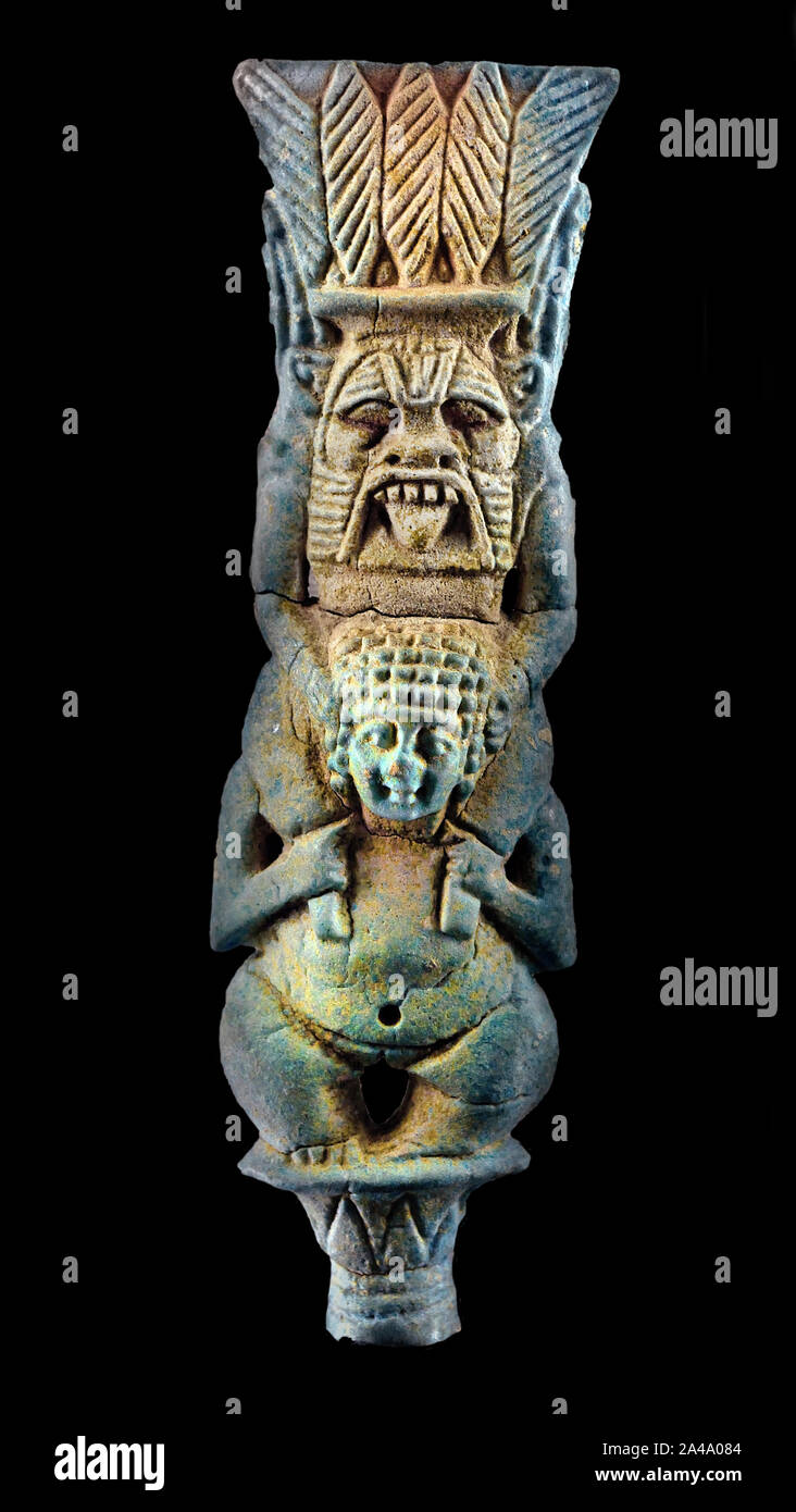 The Egyptian god Bes, protector of households on the shoulders of his wife Beset, Egypt, Egyptian. Stock Photo