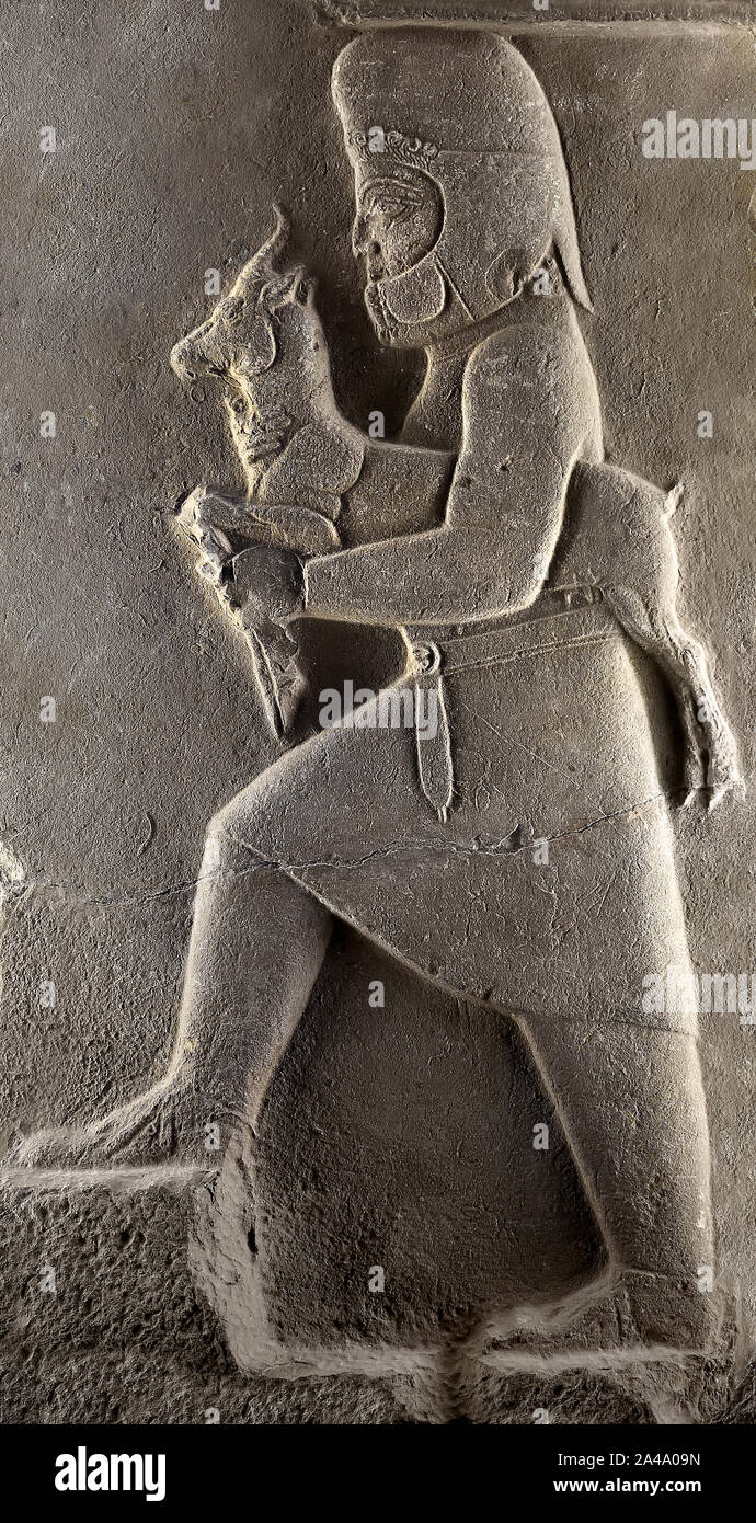 Deer carrier climbing a ladder 5th century BC Achaemenid period, Persepolis, Limestone. ( Persepolis was the ceremonial capital of the Achaemenid Empire (ca. 550–330 BC). It is situated 60 km northeast of the city of Shiraz in Fars Province, Iran.  ) Stock Photo