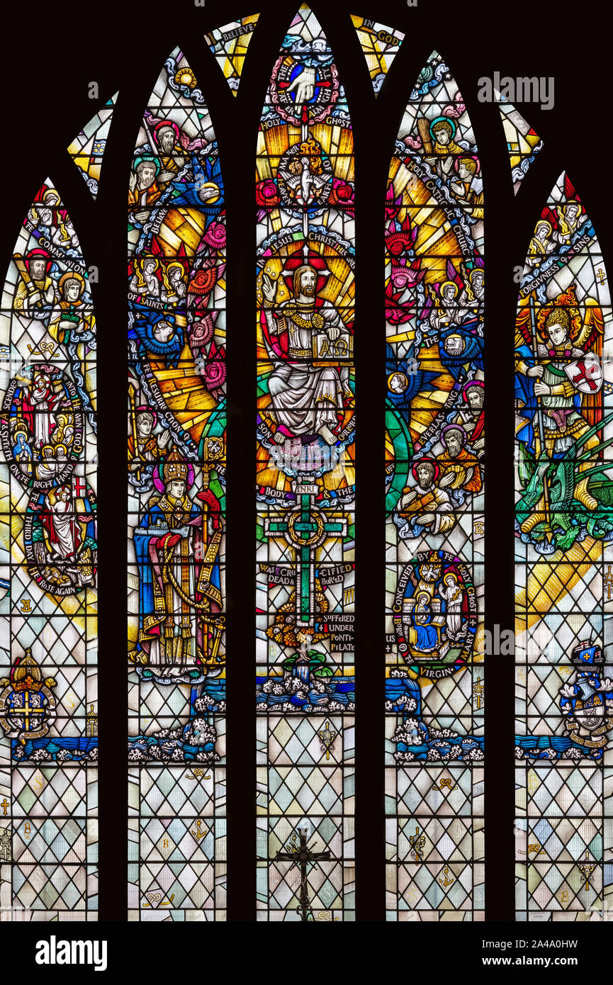 Stained glass (D. M. Grant, 1950) depicting The Apostles Creed, The Minster Church of St. Michael & All Angels & St. Benedict, City of Sunderland, UK Stock Photo
