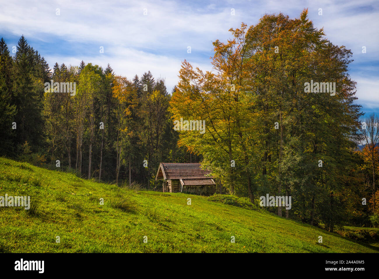 Eine kleine Hütte in den bayerischen Alpen in der Nähe von Ohlstadt. Ein herrlicher Wald rahmt die Hütten ein. Stock Photo