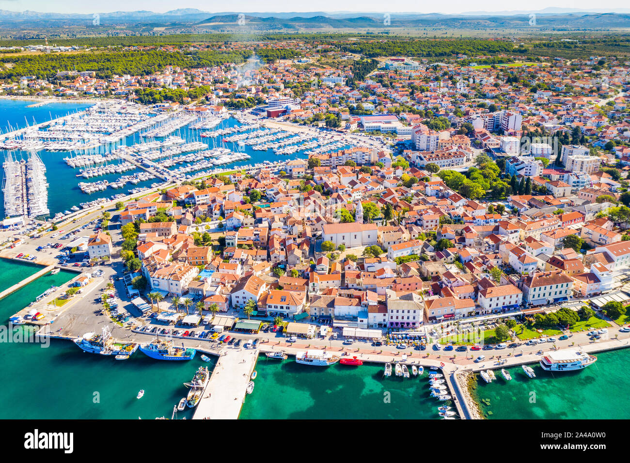 Croatia, town of Biograd na Moru on Adriatic sea, aerial view of marina ...