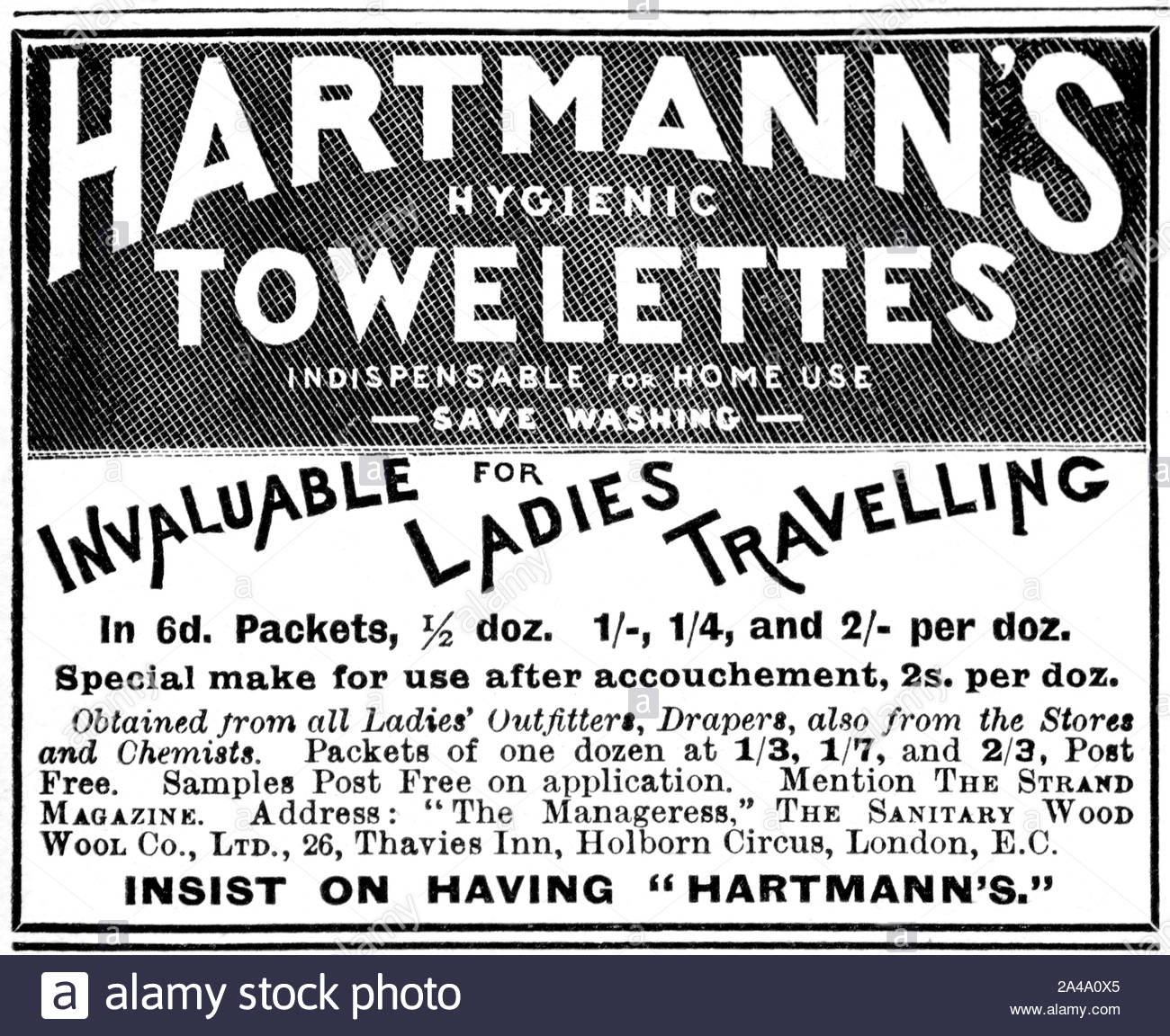 Victorian era, Hartmann's hygienic towelettes, vintage advertising from 1897 Stock Photo