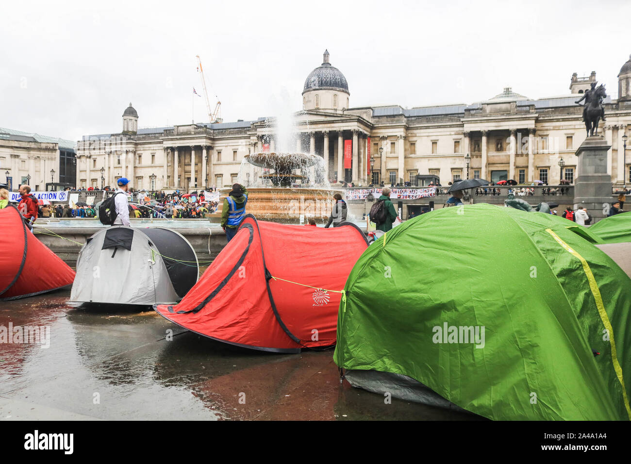London, UK - 13 October 2019. Climate activists from Extinction Rebellion continue their protest for a seventh day  as they set up camp  in bivouacs in Trafalgar Square in an attempt to force the government to declare a climate emergency and meet their demands to reduce to zero carbon emmissions by 2025. Credit: amer ghazzal/Alamy Live News Stock Photo