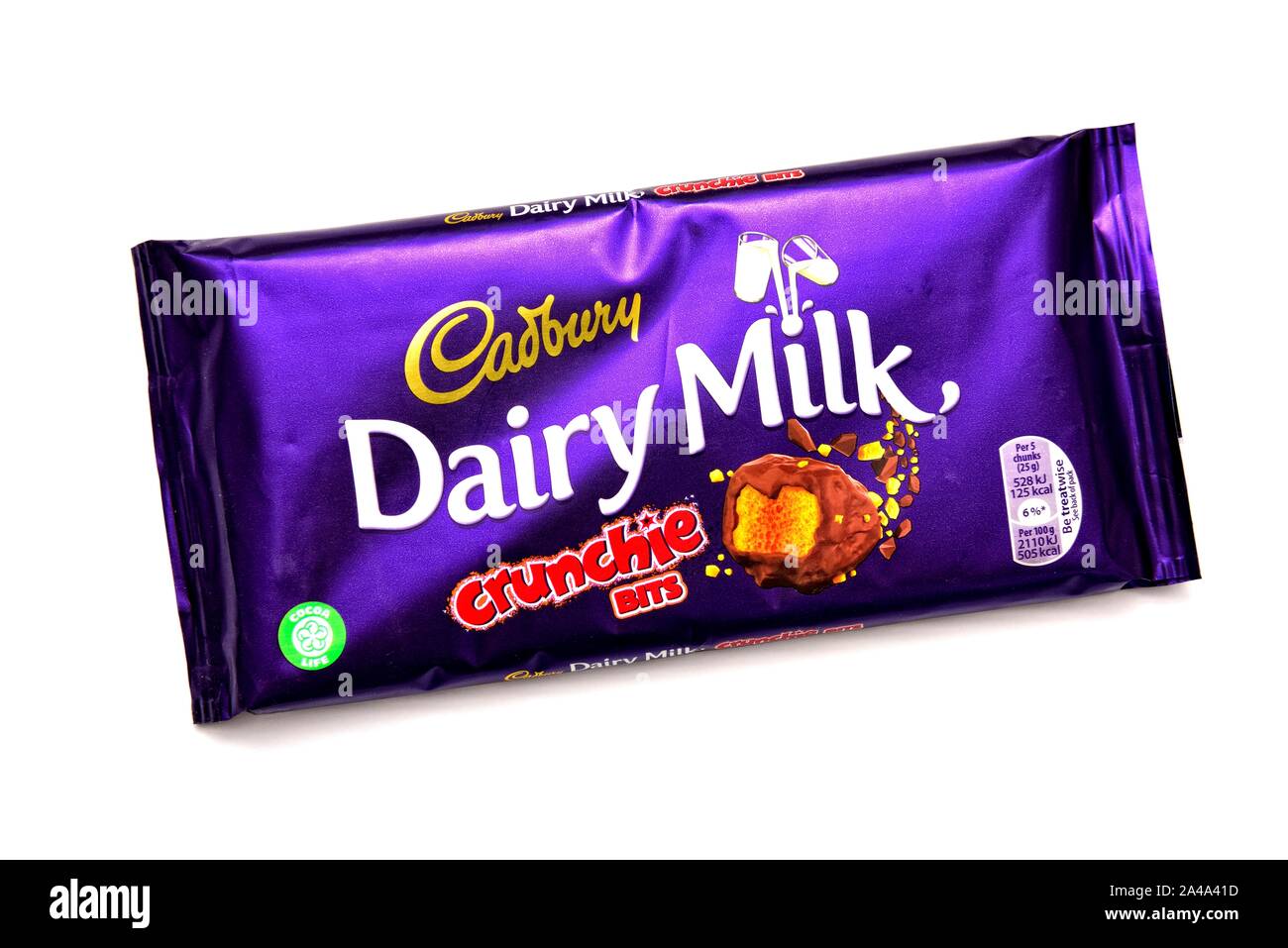 Cadbury Dairy milk chocolate,crunchie bits,on a white background Stock Photo