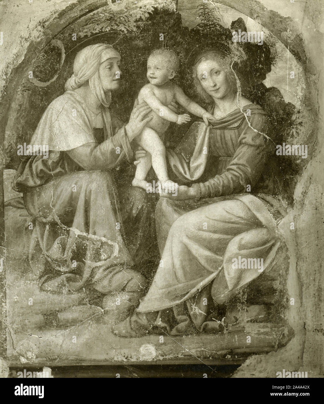 Madonna with Child and St Anne, fresco by Italian artist Bernardino Luini, Milan, Italy 1930s Stock Photo